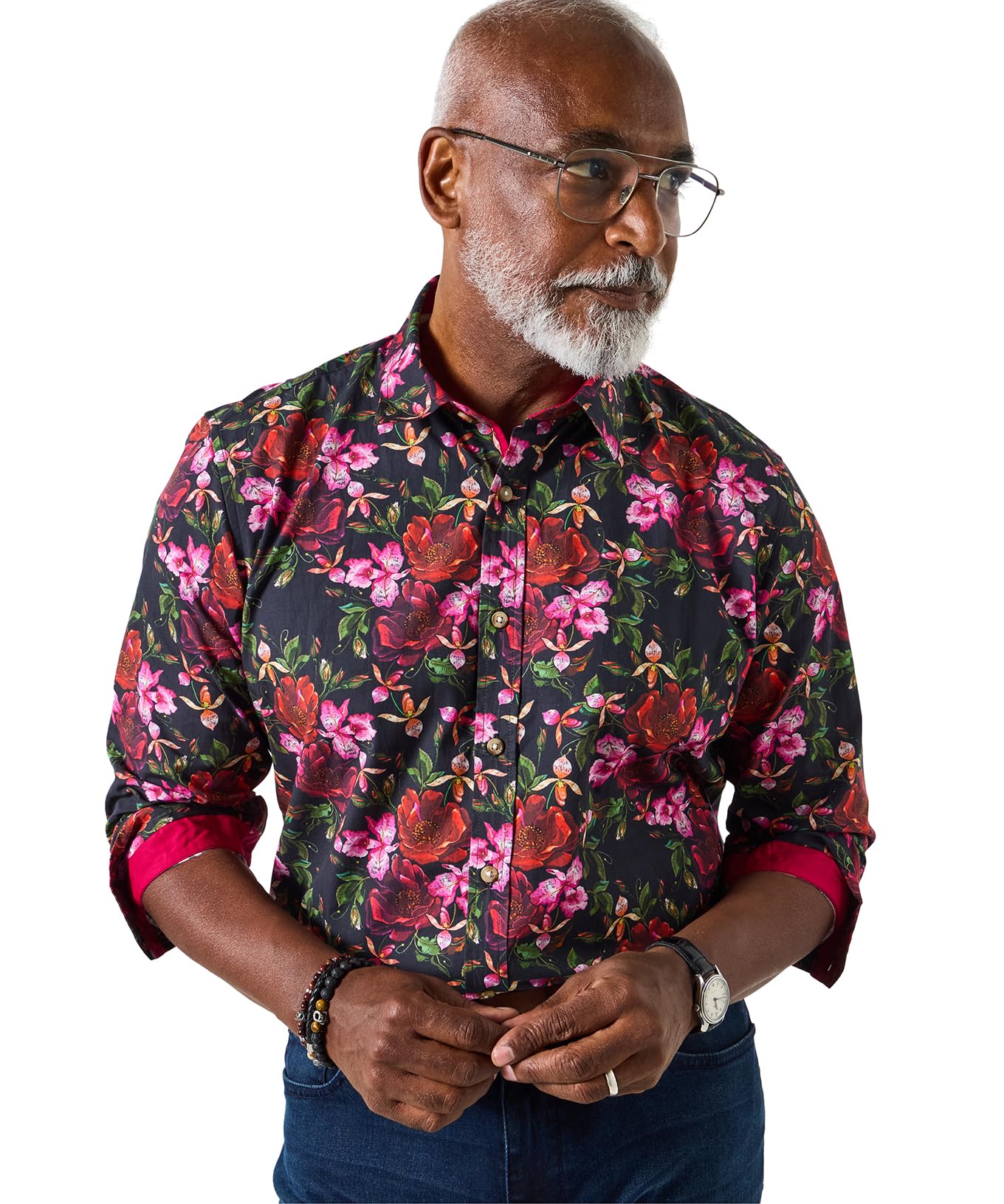 Joe Browns Mens Contrast Trim Floral Printed Shirt Regular Black UK S