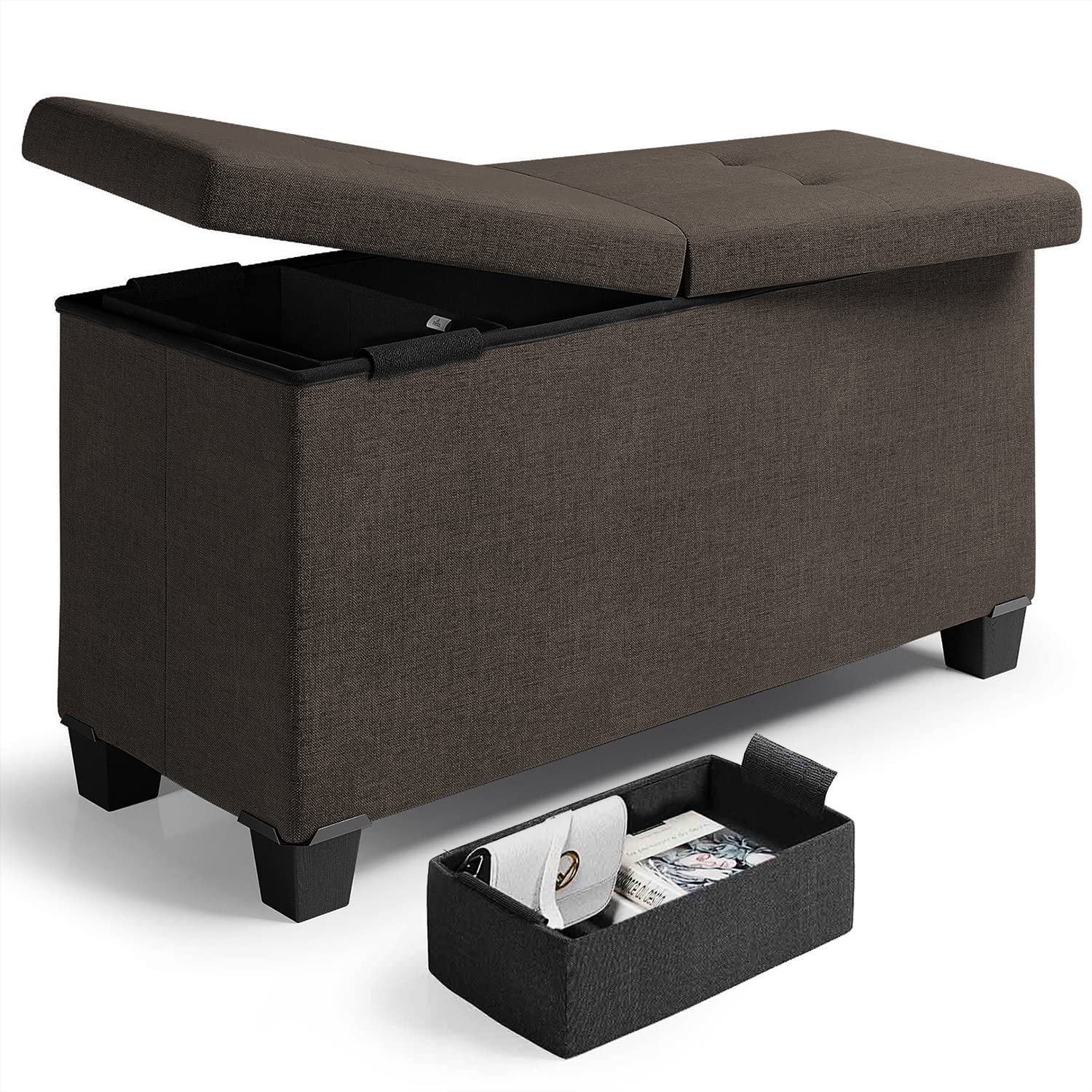 Nestl Storage Ottoman Bench with Storage Bins, 30-in Storage Bench for Bedroom End of Bed, Folding Foot Rest Ottoman with Storage for Living Room, Storage Chest Max 660lbs, Linen Fabric Brown Ottoman