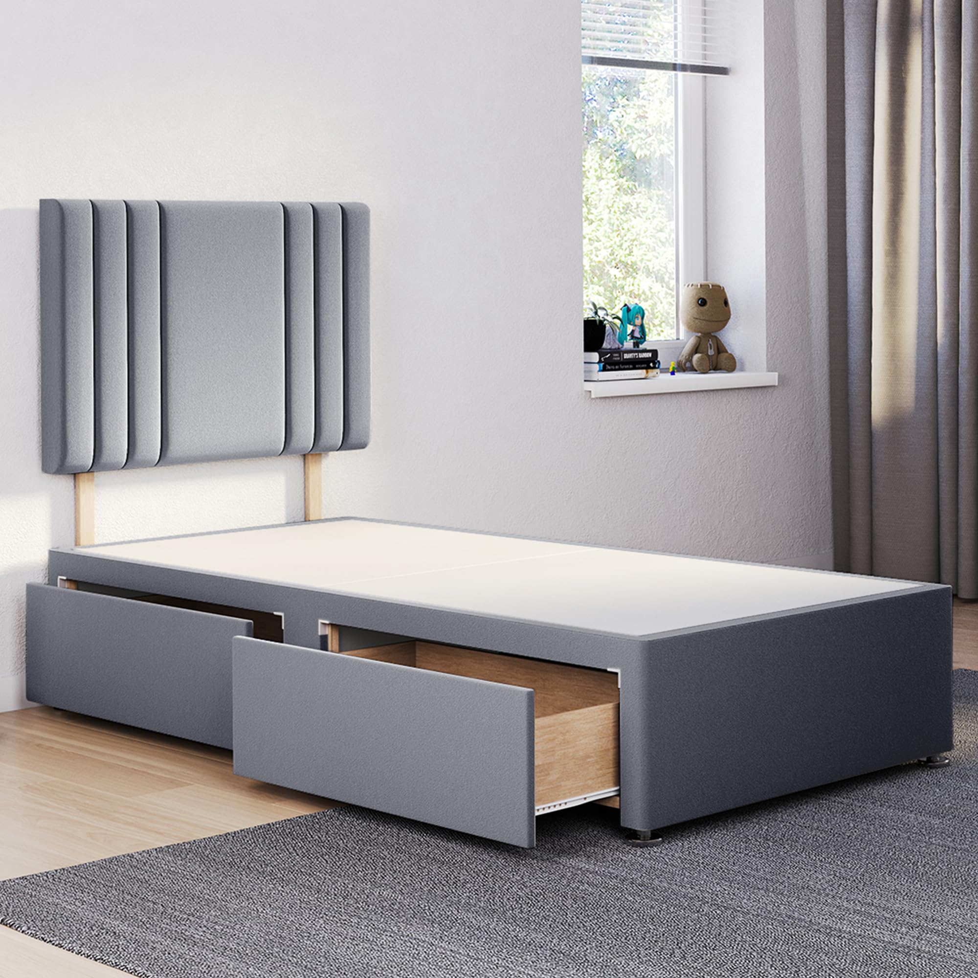 ComfoRest - Sophisticated 3FT Single Divan Bed with 2 Drawers & 24" Streak Headboard | Versatile Frame with Storage and a Sturdy Base for Modern Homes (Grey Plush) — image 1