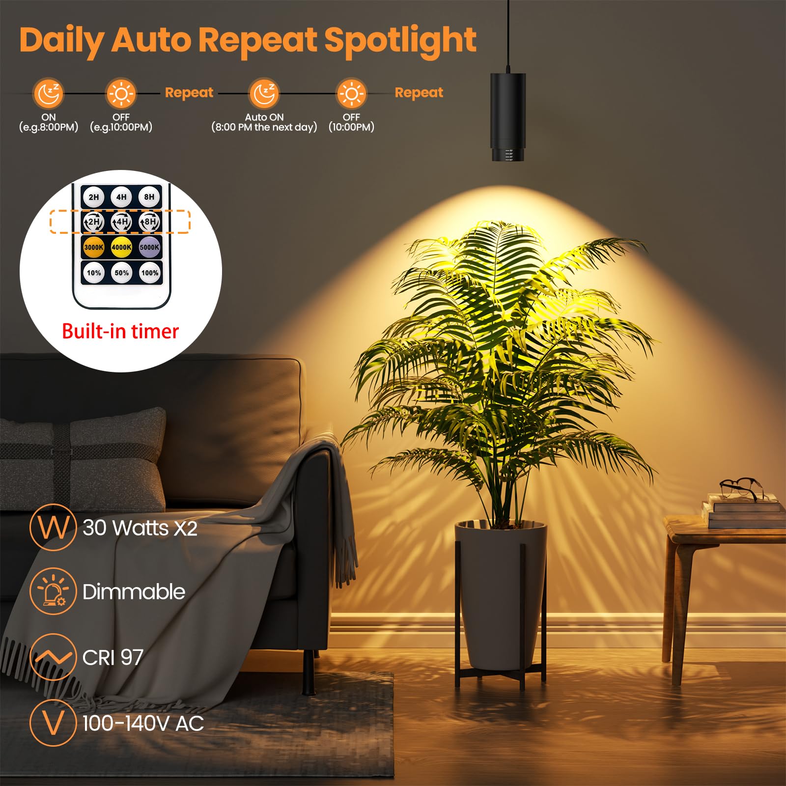 Luces colgantes remotas con zoom y temporizador de encendido/apagado automático, 2 luces LED de espectro completo de 30 W, 2700 K-6000 K, regulables, para plantas de interior, cable de