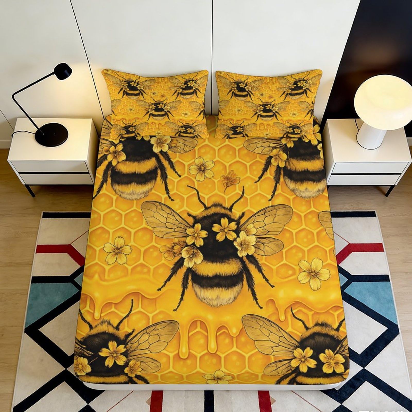 3D Printed Bee Pattern Fitted Sheet Microfiber Deep Pocket Bedroom Bedding Honeycomb Mattress Fitted Cover Non-Slip Washable All Ages 200x200x25cm 90x200x25cm