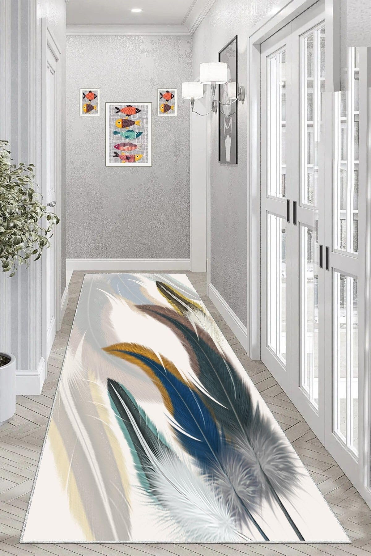 Pelangi Kuş Tüyü Desenli Renk Geçişli Dijital Baskı Yıkanabilir Modern Salon Halı ve Yolluk, Mavi-Beyaz-Gri 100 x 600, 95546511006007