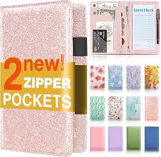 Server Book with 2 Zipper Pockets, Leather Server Books for Waitress, Waiter Book, Sturdy Waitress Book with Money Pocket and Zipper, Servers Book Waitress Accessories Server Apron, Glitter Rose Gold