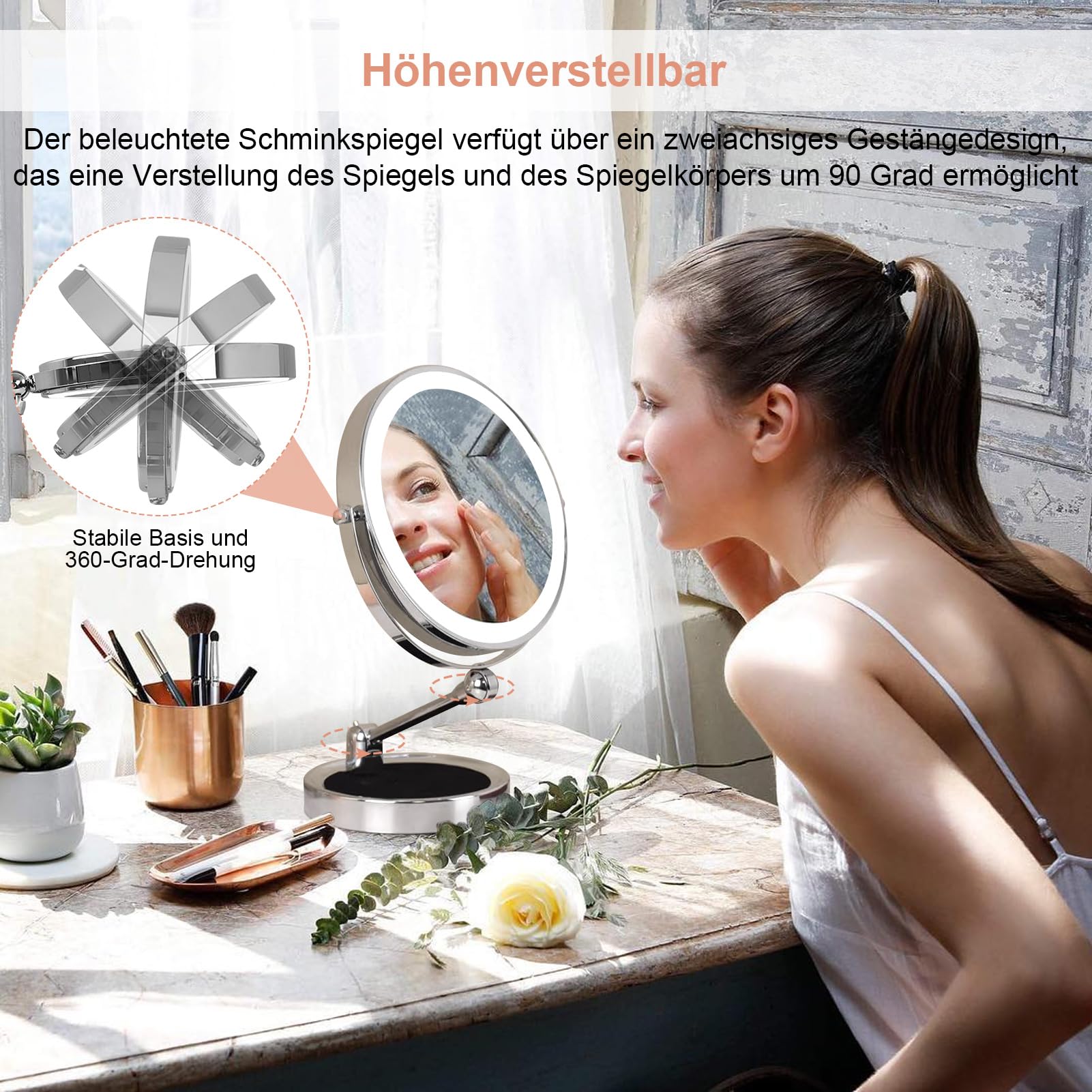 Lusterko Podświetlane LED, Lusterko do Makijażu 245 X 405 Mm, Lusterko Kosmetyczne Obracane o 360 Stopni z regulowaną jasnością, Lusterko Kosmetyczne z możliwością ładowania za