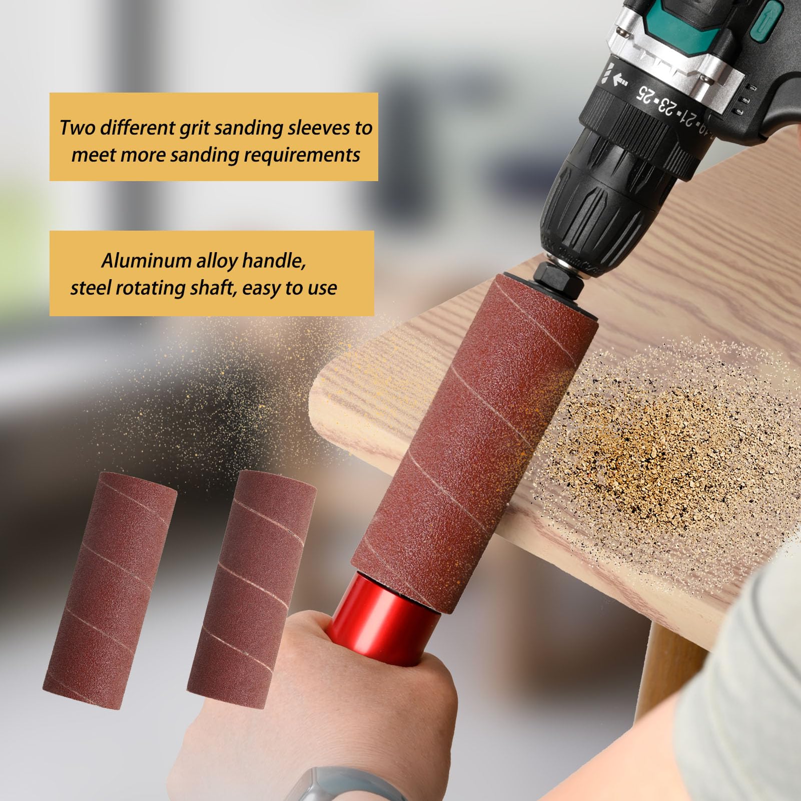 Lijadora de husillo de tambor de mano para carpintería, tambor de lijado de goma para taladro (rojo)