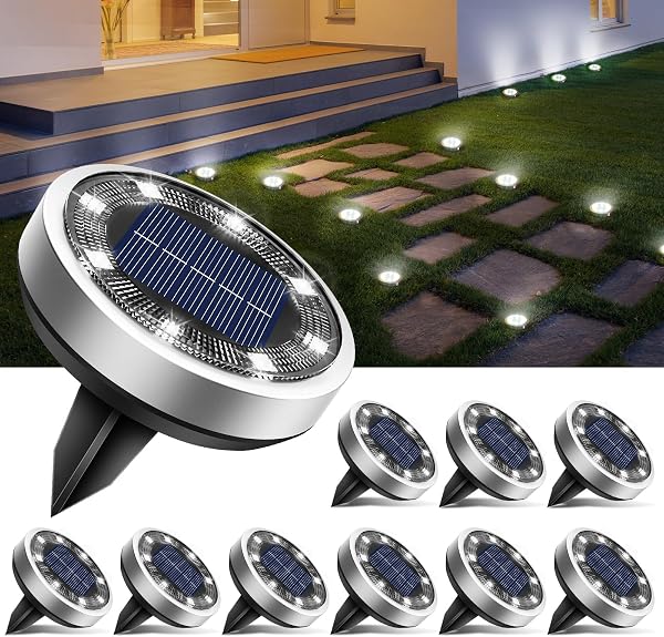 btfarm Solar Lights Outdoor Garden, 10 Pack Solar Ground Lights, 8 LED Solar Disk Lights Outdoor IP65 Waterproof for Garden Pathway Lawn Patio Yard Landscape (Cool White) - 1