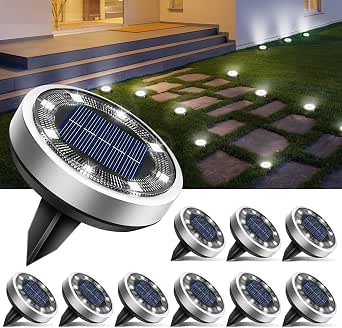 btfarm Solar Lights Outdoor Garden, 10 Pack Solar Ground Lights, 8 LED Solar Disk Lights Outdoor IP65 Waterproof for Garden Pathway Lawn Patio Yard Landscape (Cool White) - View 2