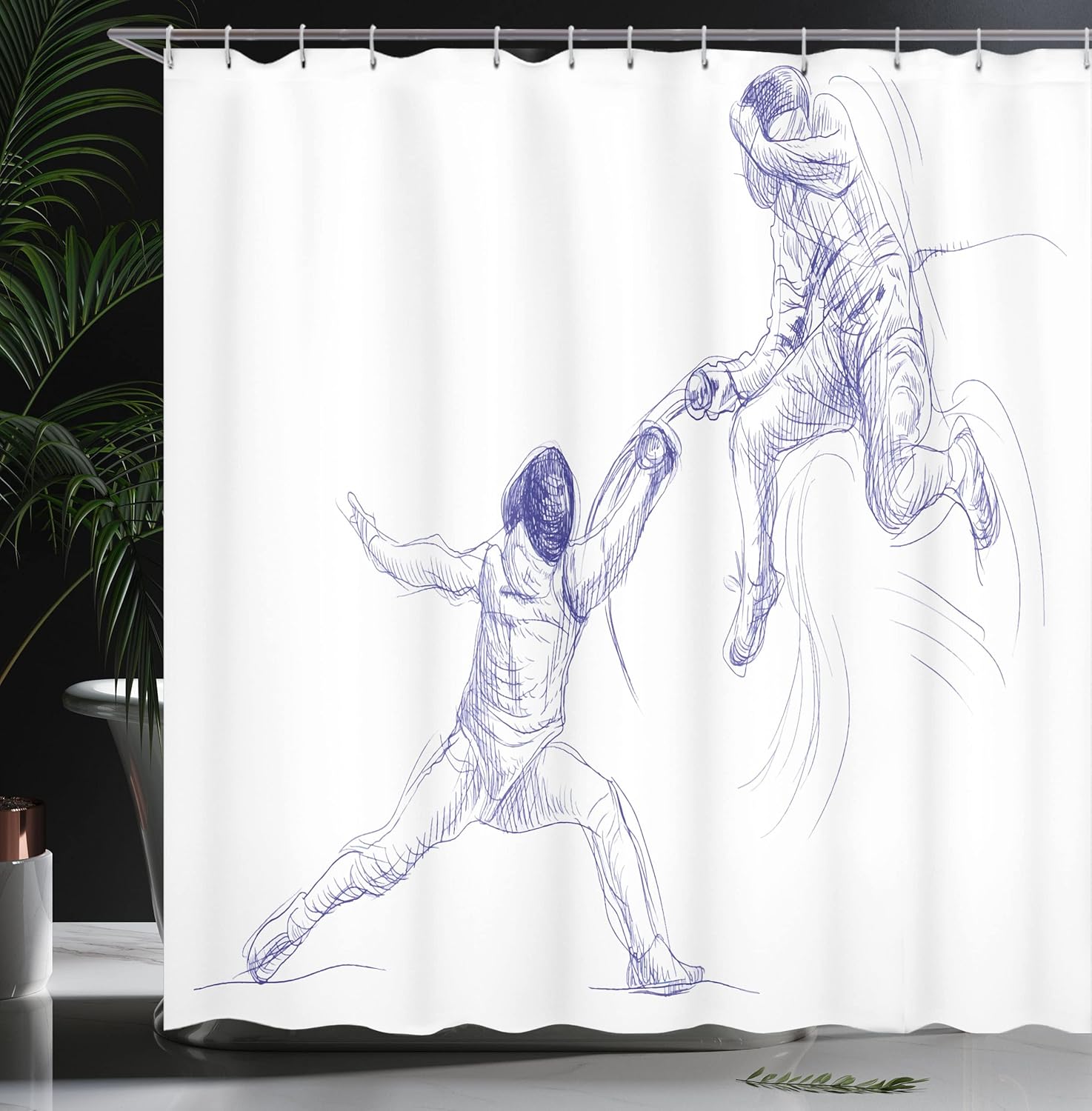 Ambesonne Sports Shower Curtain, Sketch of 2 Sportsman Fencing Duel Agility Attack Discipline Sports Hobby, Cloth Fabric Bathroom Decor Set with Hooks, 69" W x 75" L, Violet Blue White