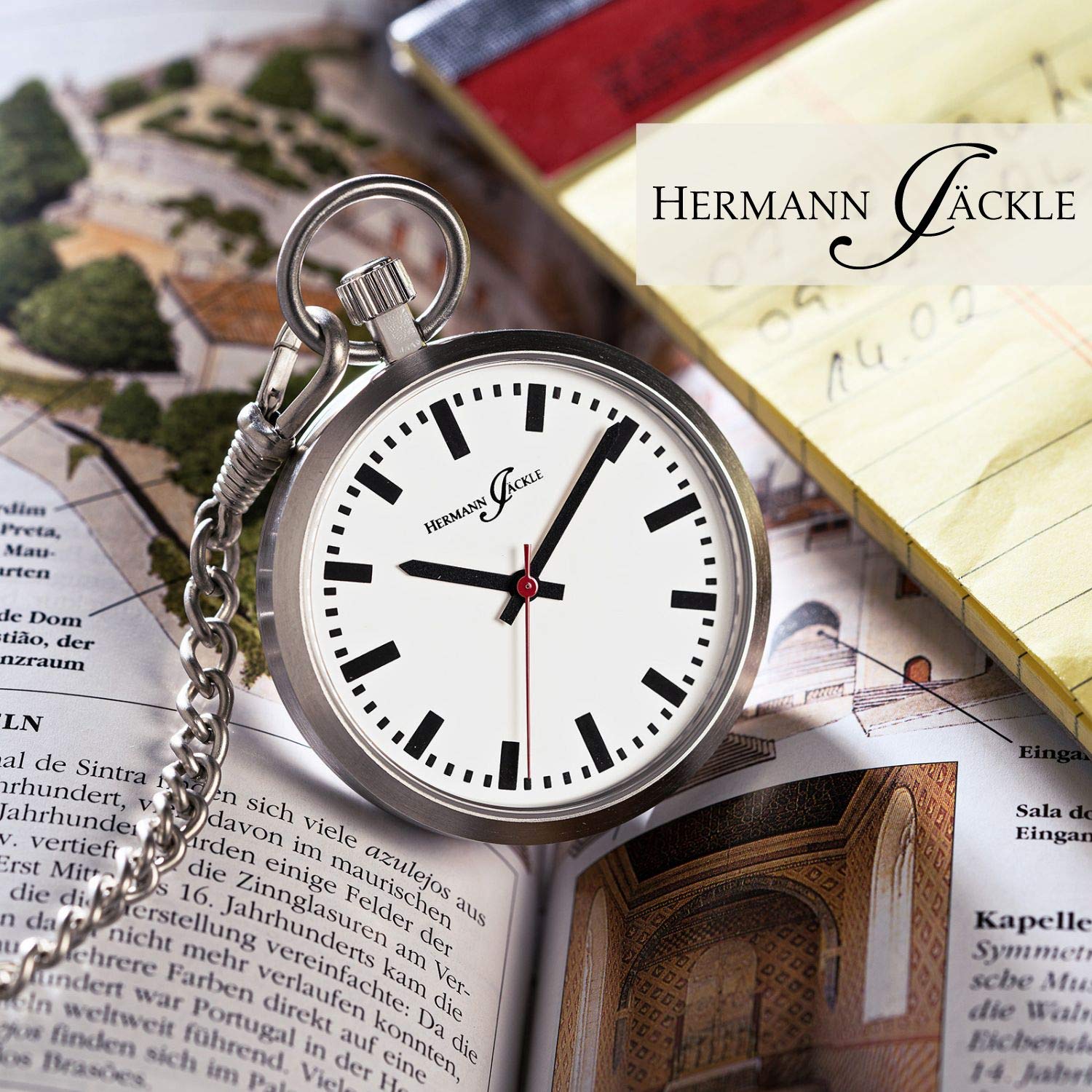 Hermann Jäckle Herren Taschenuhr Frankfurt Quarz Silber 43 mm | Quarzwerk, Bahnhofsuhr-Design, großes gut ablesbares Zifferblatt, inklusive Kette und Reiseetui