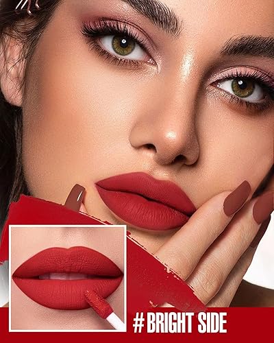 Miniatura 2 de HANLADY Lápiz labial rojo brillante mate, lápiz labial líquido rojo rubí de larga duración para mujeres, a prueba de manchas, manchas de labios, sin