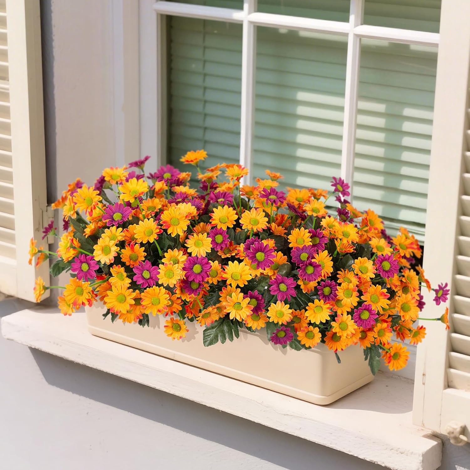 Fake Mums Spring Artificial Flowers for Outdoor Decoration, 6 Bundles Faux Silk Daisy Flowers Realistic UV Resistant No Fade Fake Plants for Home Patio Porch Garden Window Box Decor(Purple Orange)