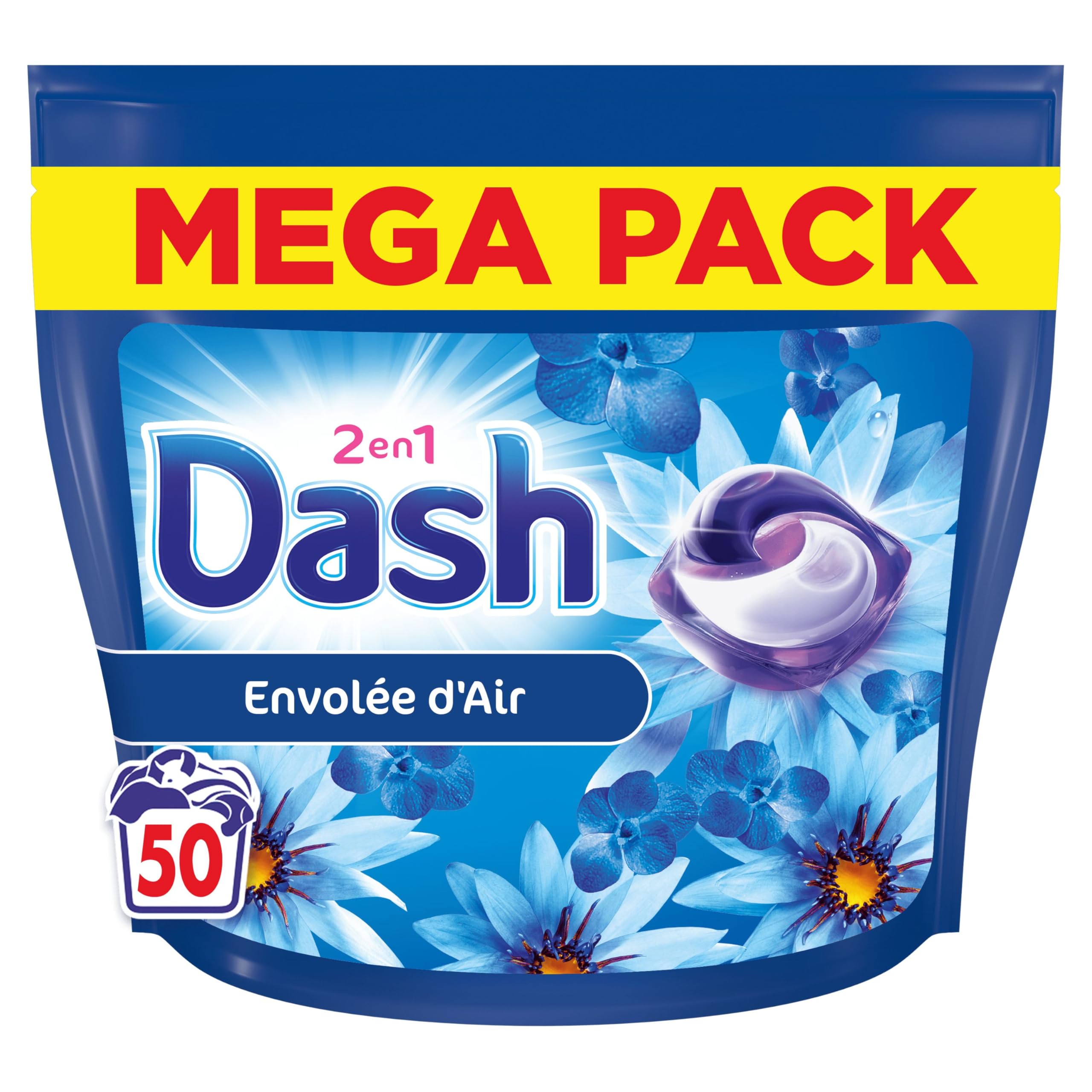 Dash 2en1 PODS Envolée d'Air, Fraîcheur de 3 Semaines et Efficacité en Cycle Froid, 50 Lavages, Parfum Brise Marine et F