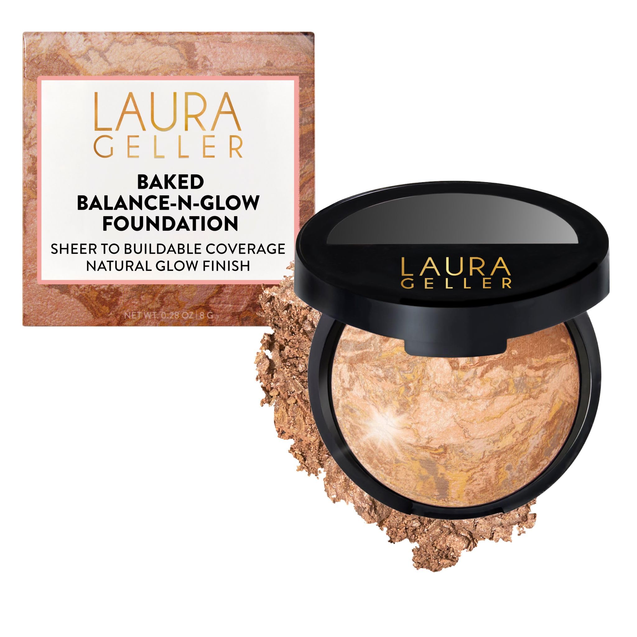 LAURA GELLER NEW YORK Baked Balance-n-Glow Illuminating Puder Makeup, Aufbaubare, Transparente bis Leichte Deckkraft, Baking Powder Foundation Make Up mit Satin-Finish (04 Mittel)