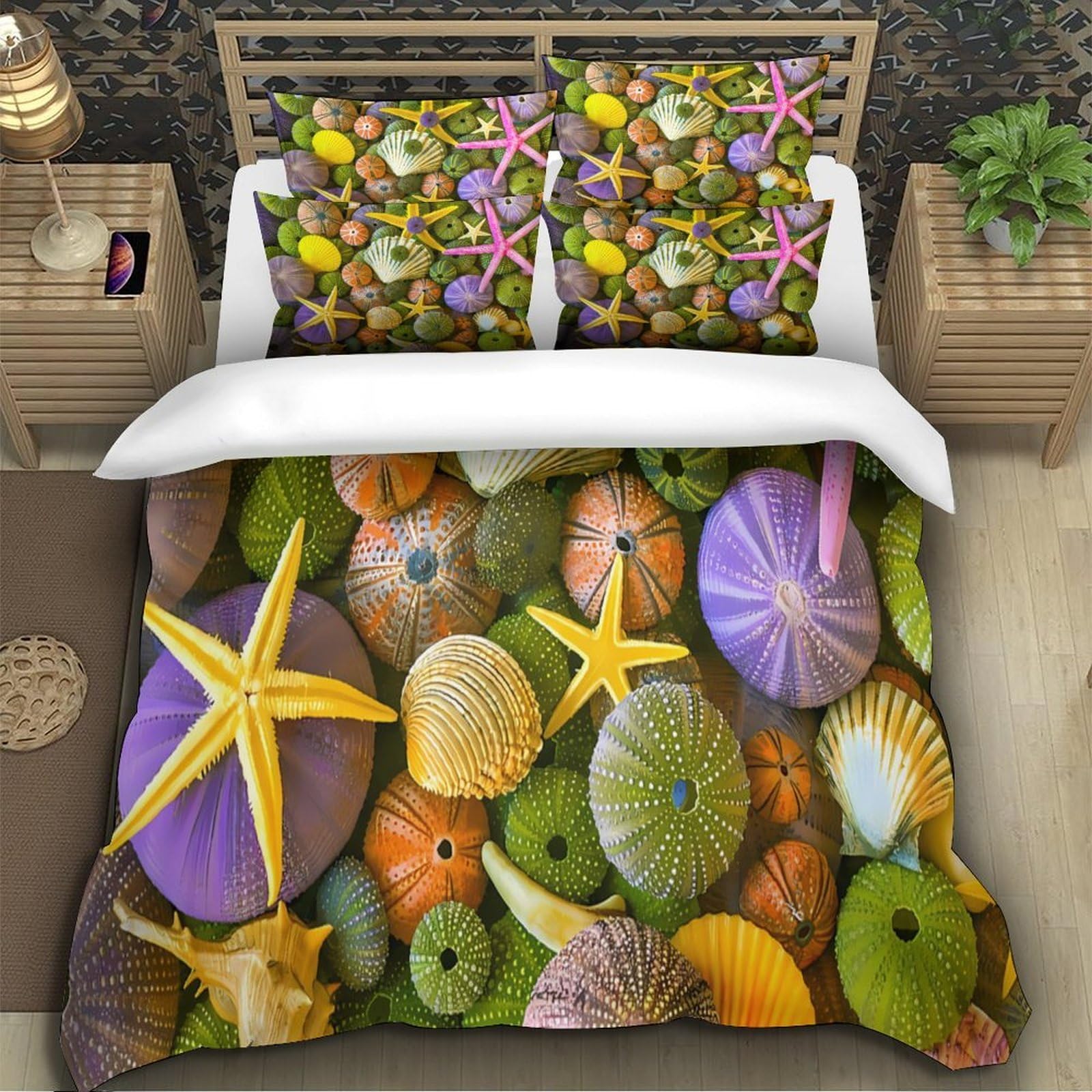 Stampa 3D Sea shells Copertura per letto Microfibra Biancheria per letto Con federa Traspirante Ocean decor style Fodera copriletto Leggero per giovani coppie coinquilini Super king（260x220cm）