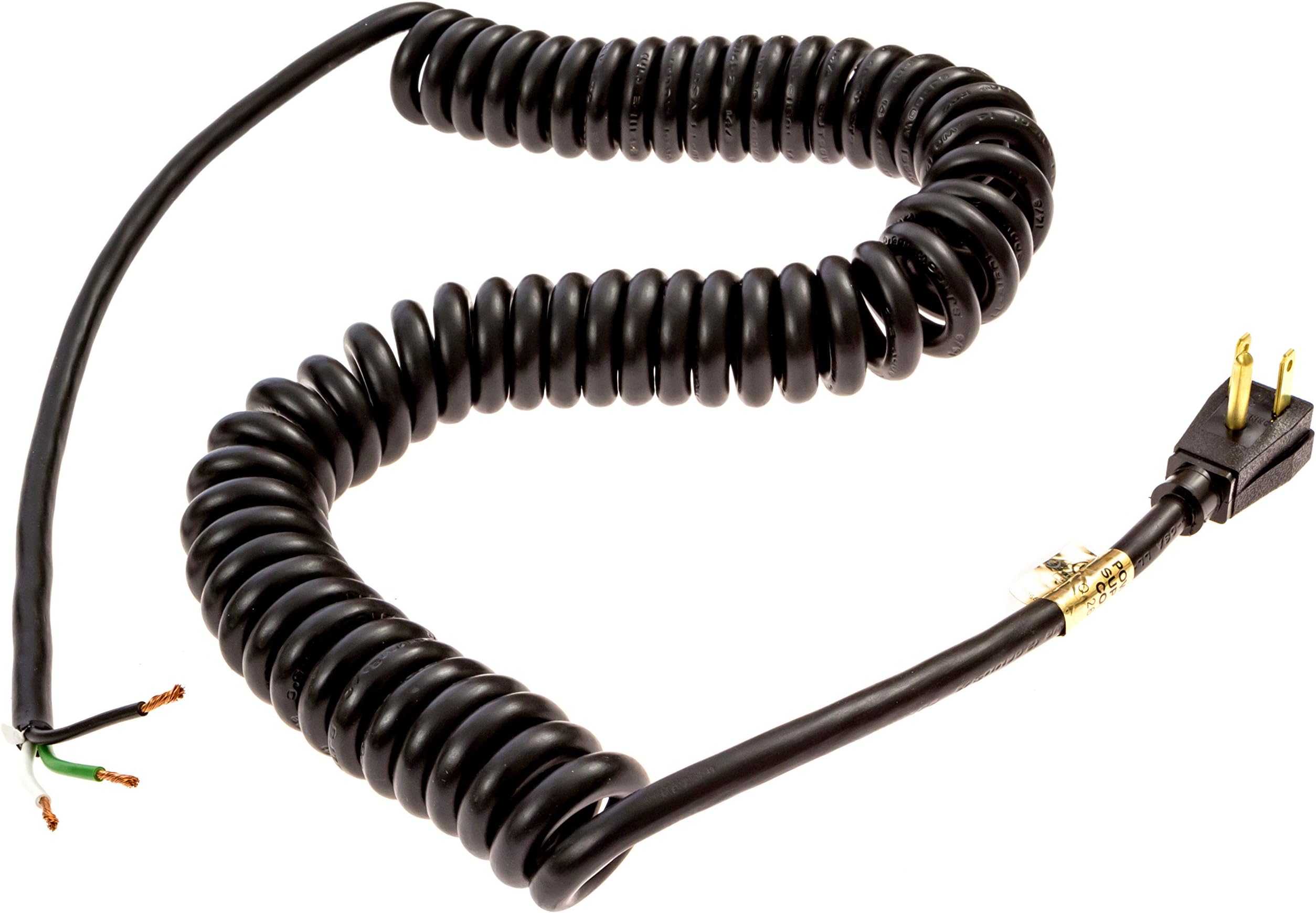 USA Made Industrial Grade 3-Prong SJT 14/3 UL-Certified Replacement Power Supply Cord, 10 Ft Coiled with Right Angle Plug and Bare Ends (Black)