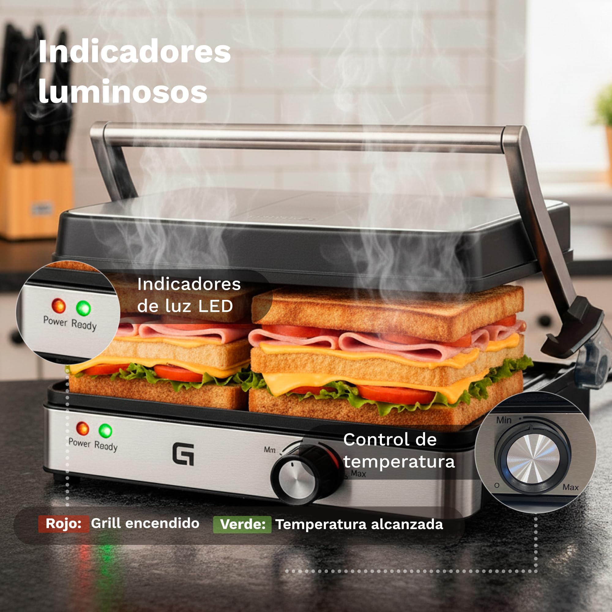 Parrilla grill eléctrica Grunkel 1000-2000W forma parilla barbacoa dos dimensiones, Antiadherente con Apertura 180° (2000W Grande)