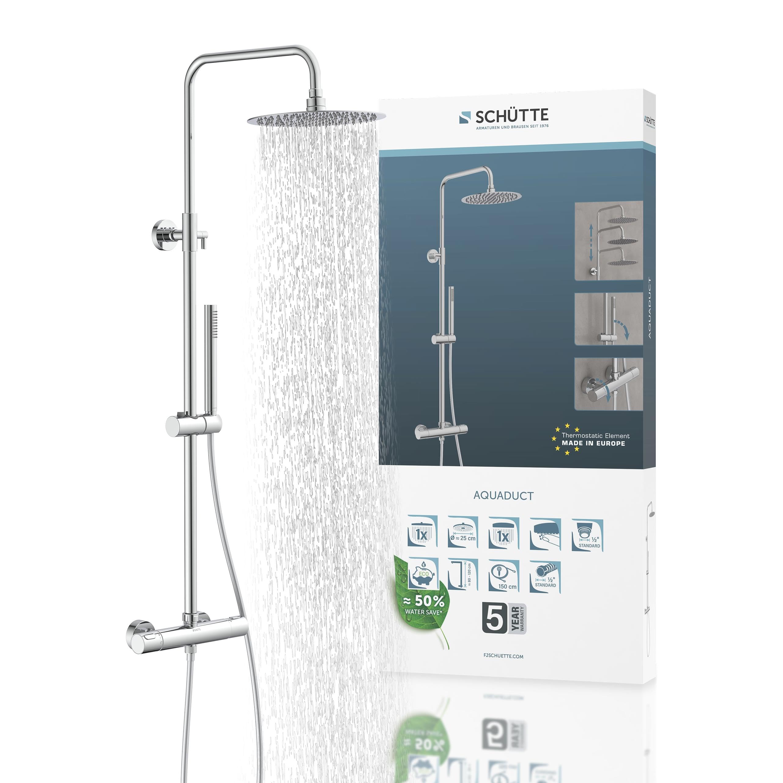 SCHÜTTE AQUADUCT 60044 Duschsystem mit Thermostat – Regendusche 25 cm, verstellbare Handbrause, Duschstange/Duschpaneel, Chrom