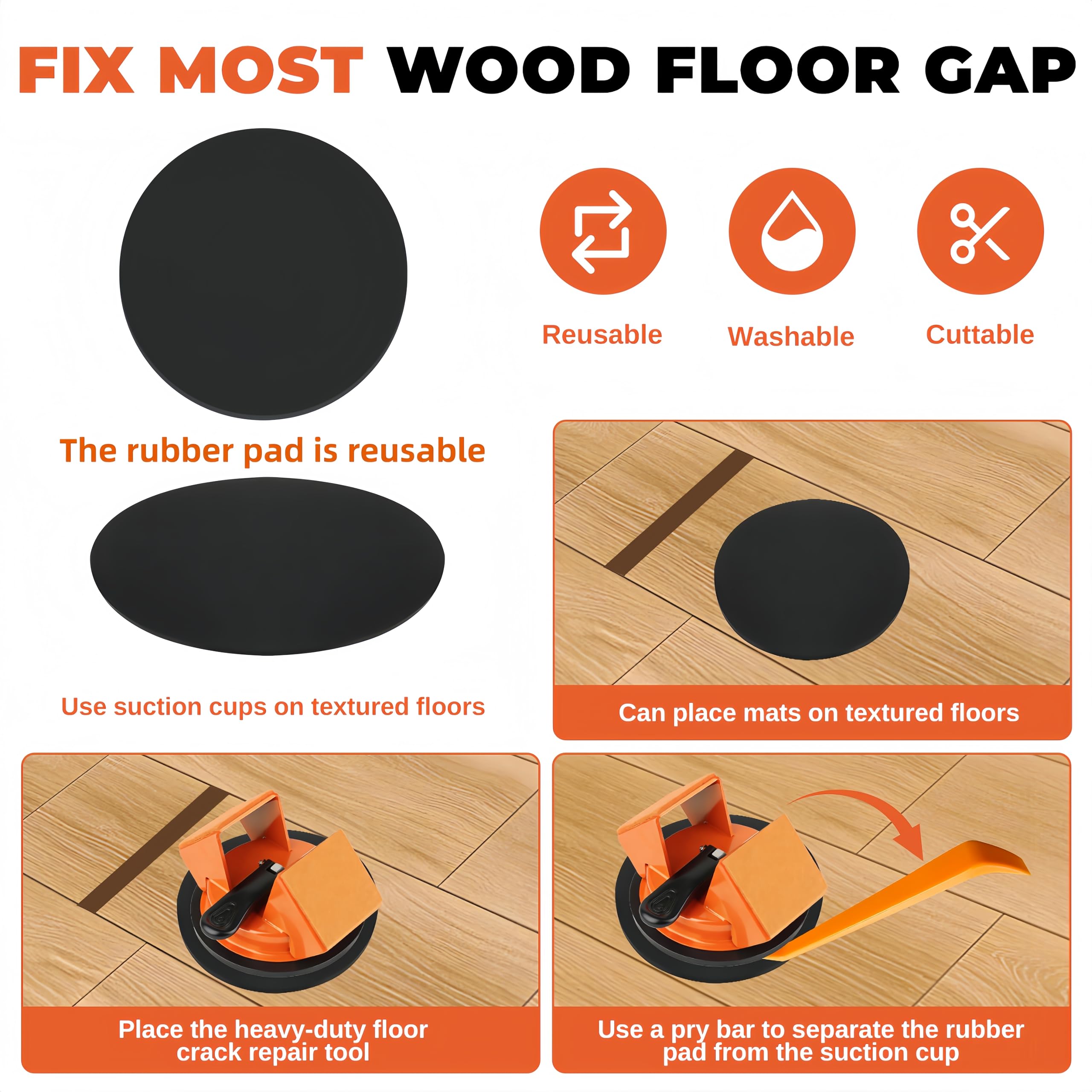 Floor Gap Fixer Tool -45° Two-Way Tapping Function, Heavy Duty Cast Iron with Reinforced Suction Cup, Includes 2 Crack Cleaning Tools & Reusable Rubber Pad (Orange) - 4