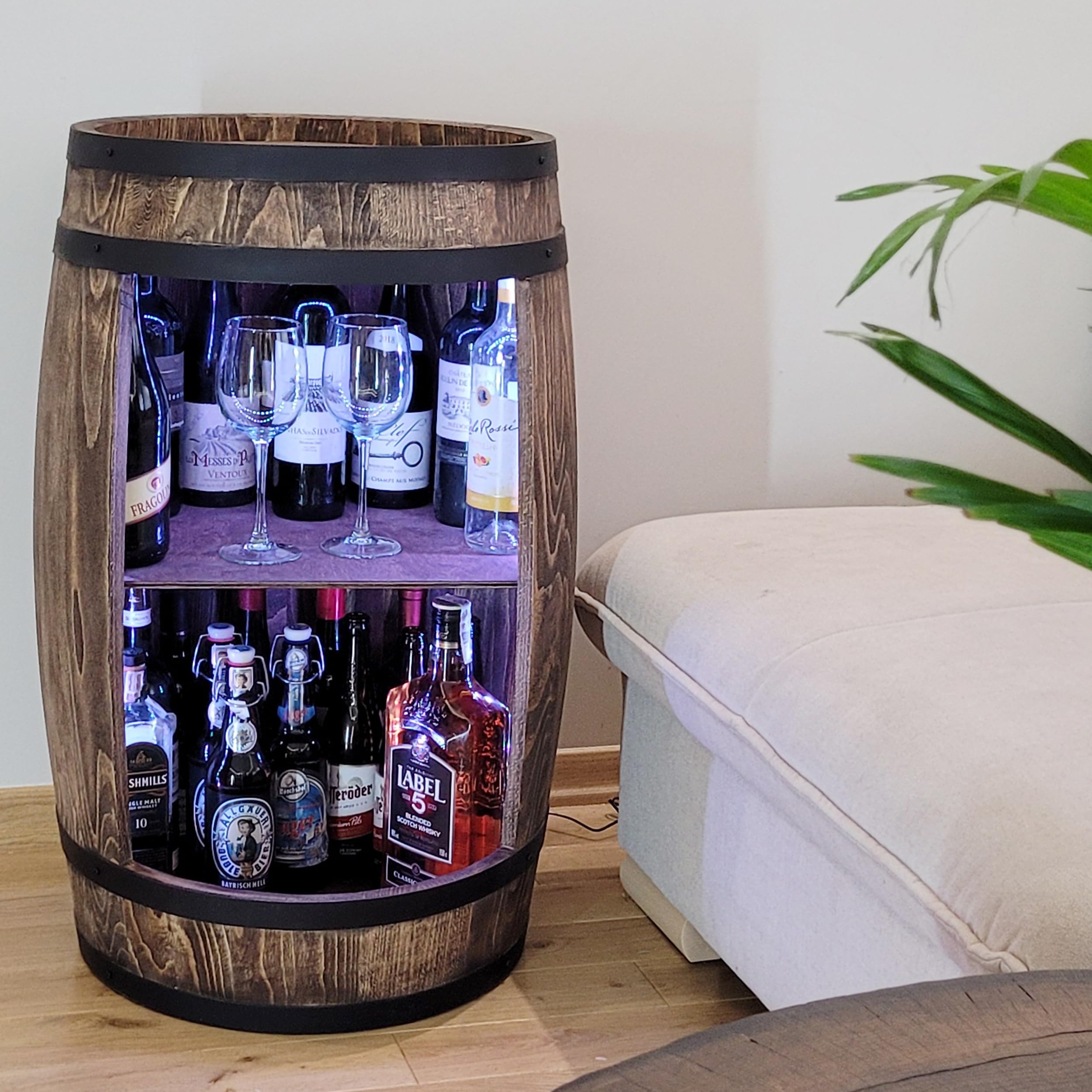 weeco Mobiletto bar a barile in legno con illuminazione a LED RGB, Minibar a forma di botte. Armadietto con ripianoper vini whisky - botte tavolo.Un uomini, Botte per Vino (wengé)