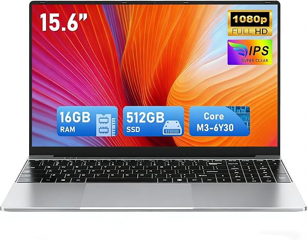 Ordinateur Portable, 2026 Laptop Win11 15,6 Pouces, 16 Go de RAM, 512 Go SSD,PC Portable M3-6Y30, IPS FHD 1920 x 1080 Notebook,Ouverture à 180°,5000 mAh,Emplacement pour Carte TF, étudiant - 1