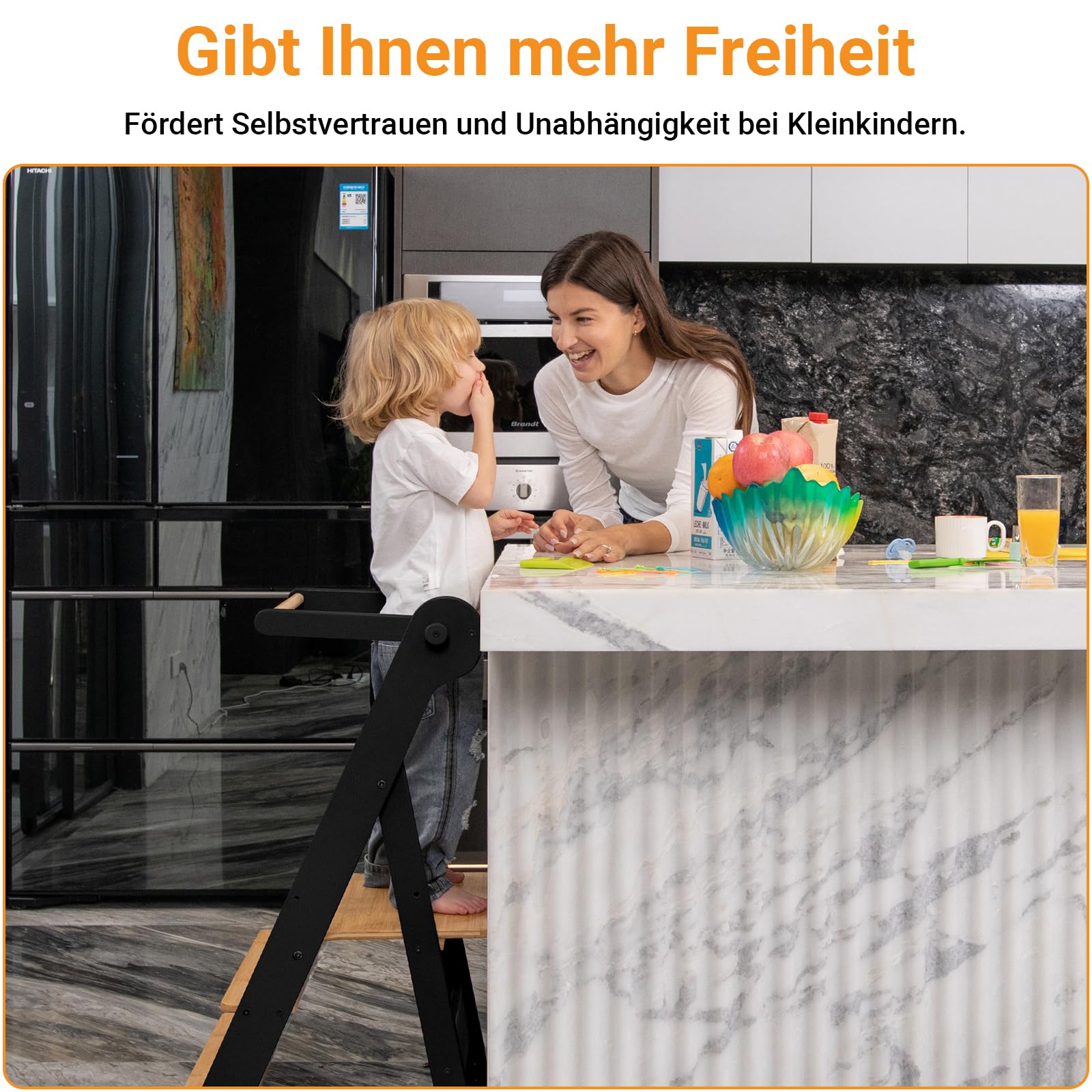 COSYLAND Lernturm ab 1 Jahr – Learning Tower 2-Fach höhenverstellbar & klappbar – Lernstuhl in Schwarz/Natur für Kinder – Montessori Stehturm aus Bambus – sicherer Tritthocker mit Kippschutz