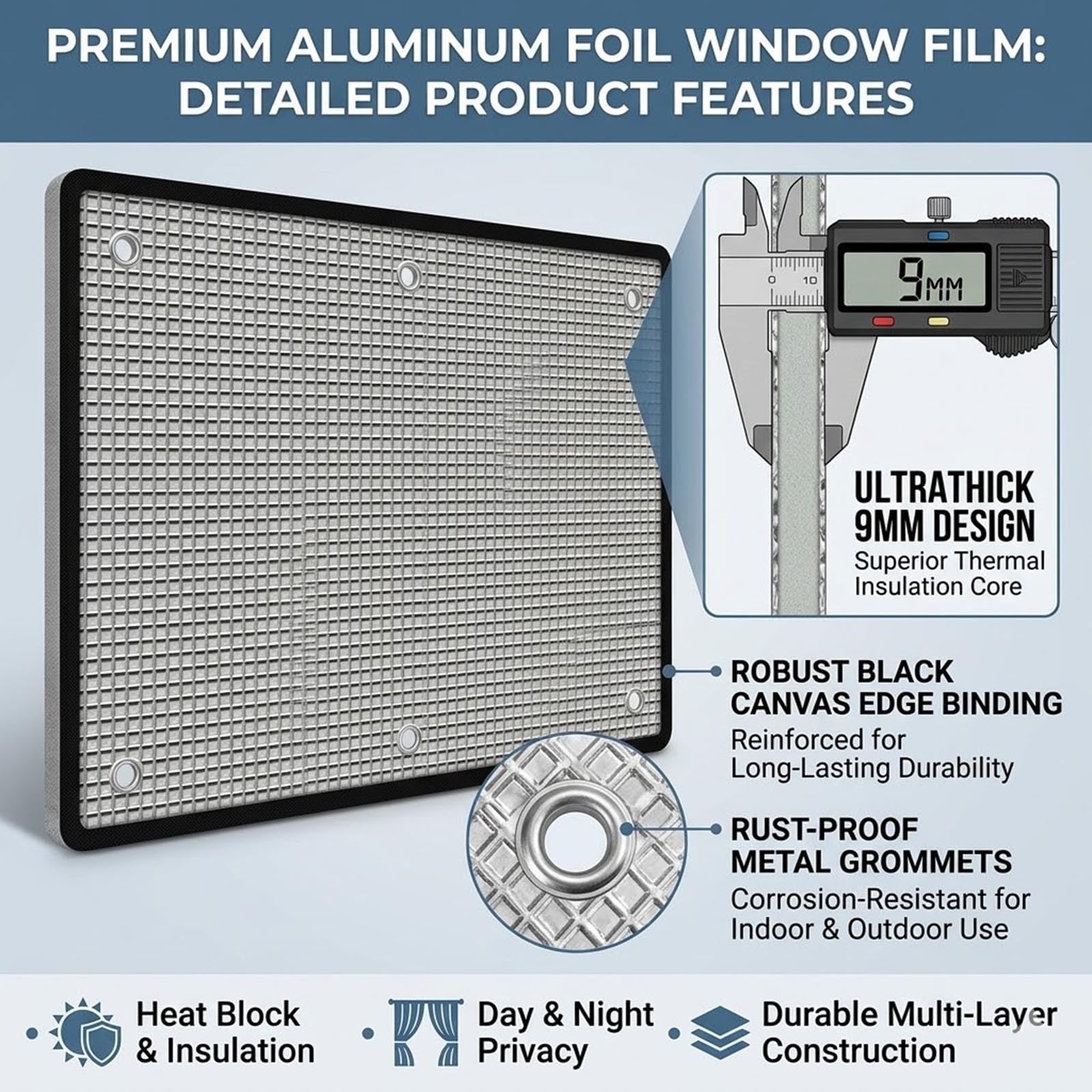 Fensterfolie Sonnenschutzfolie Sichtschutz Wärmeisolierung 99% Verdunkelung Doppelte Aluminium Isolierfolie 9mm mit Saugnäpfen Verdunkelungsfolie Thermische Dachfenster(Gray,90x140 cm)