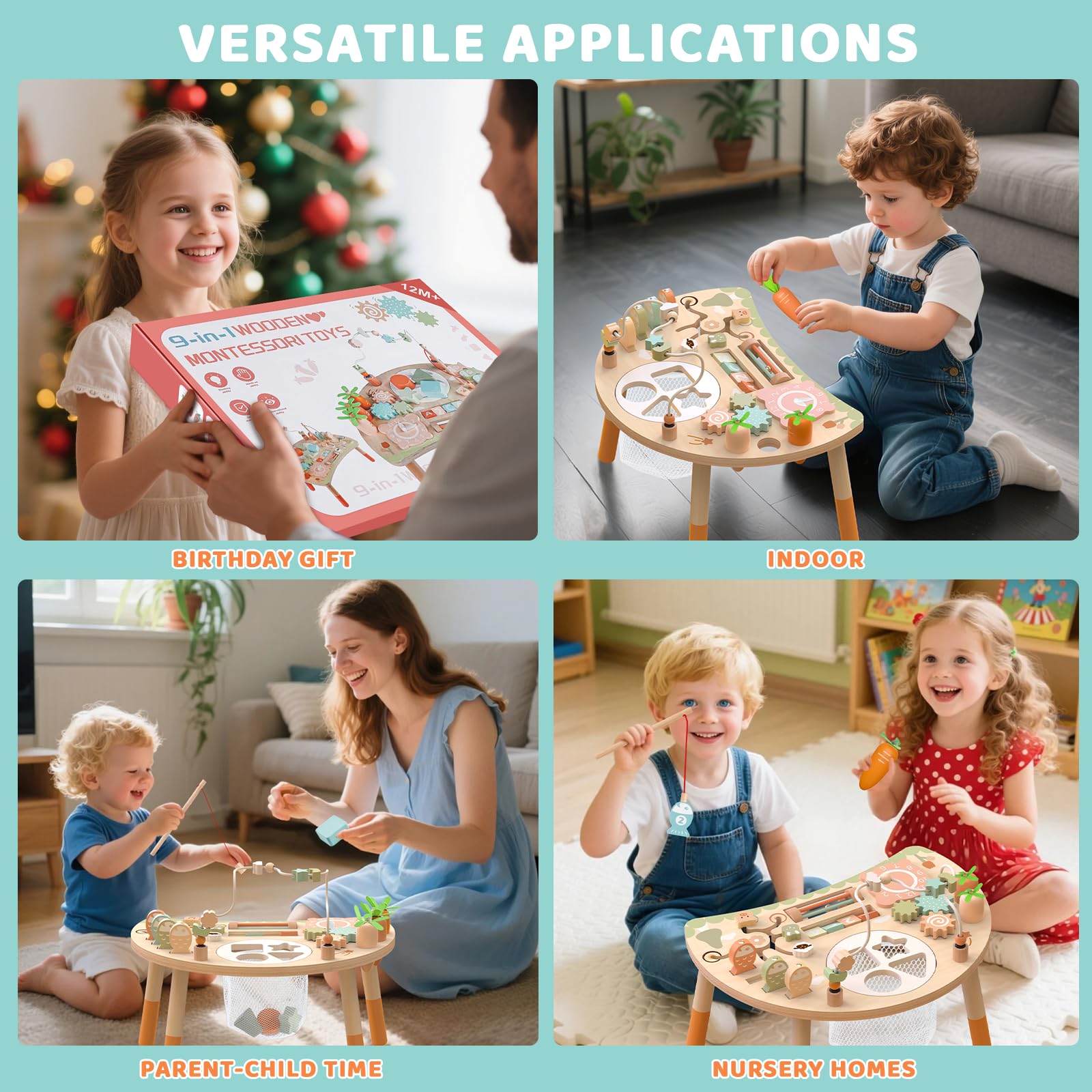 Tavolo Multiattivita Bambini Giochi Montessori 1 2 3 Anno, 9-in-1 Tavolino Bambino in Legno, Giocattoli Educativi Regalo 1+ Anni
