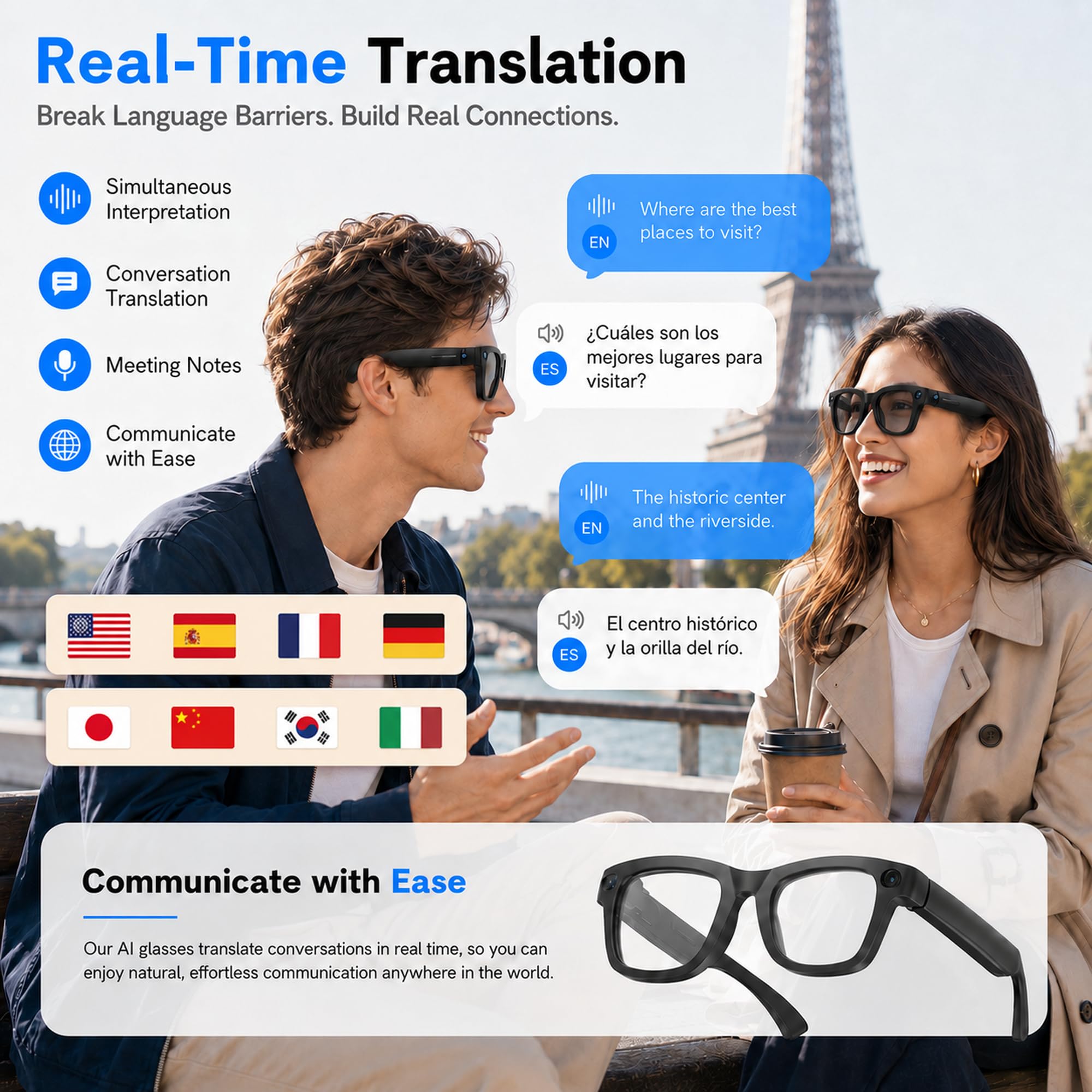 Occhiali con Telecamera HD 8MP, Video, Batteria 7 Giorno, Smart Glasses Ai | Traduzione in Tempo Reale/Riconoscimento di Oggetti/Assistente vocale, Occhiali Smart con Chiamate Bluetooth & WIFI, Musica