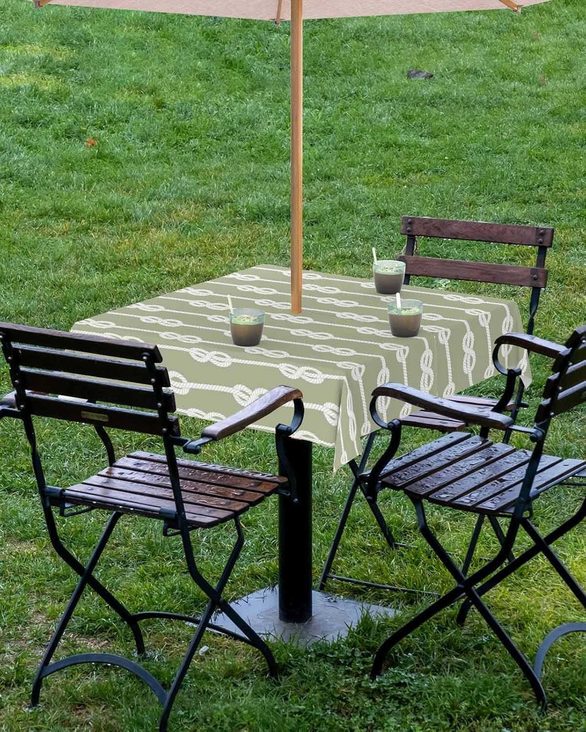 Outdoor Tablecloth with Umbrella Hole and Zipper 60" Square Nautical Knot Pattern Green Texture Water Repellant Table Cover Tabletop Collection for Party Patio Picnic