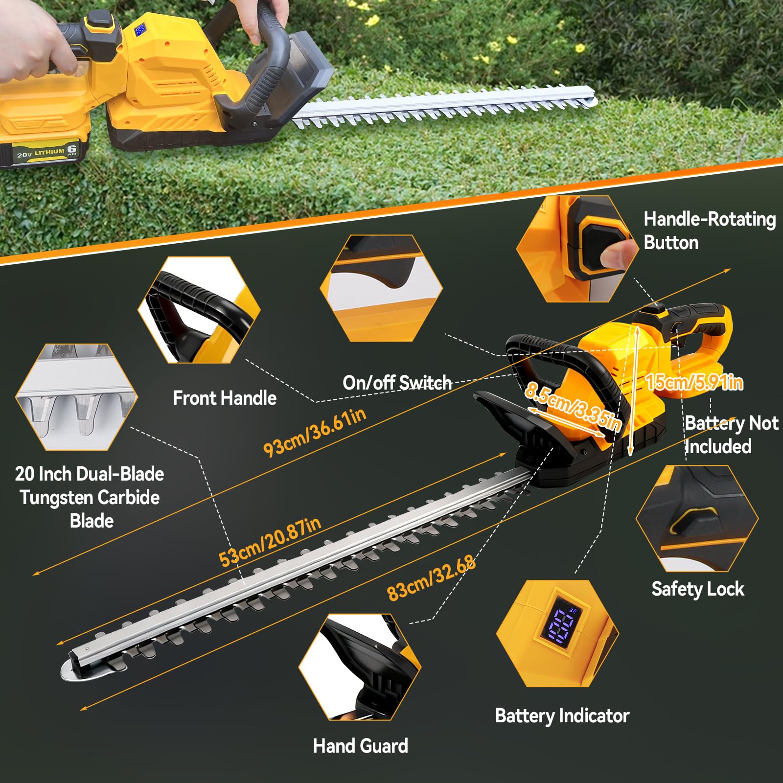 Cortasetos de 52 cm de Largo, Compatible con baterías Dewalt de 18 V, Motor sin escobillas, Cortasetos eléctrico, Distancia Entre Dientes de 15 mm, Cabezal Giratorio de 180° (sin batería) (Amarillo)