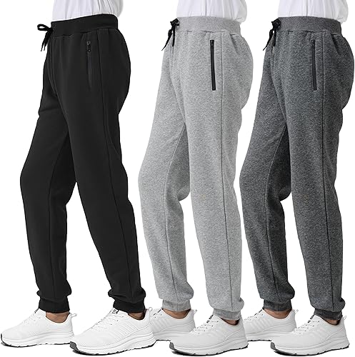 Avsead Kids Boys Sweatpants Pants Fleece 3 Pack Athletic Joggers Sweat Pant with Zipper Pocket Fall Winter Clothes 14-16 Black/Grey/Dark Grey Size