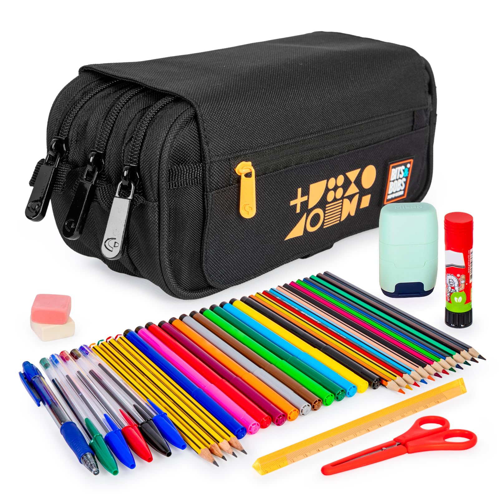 ColePack Fluor - Lote de Estuche Portatodo Triple con 3 Cremalleras y Material Escolar de Primeras Marcas Incluido (Fluor Naranja)