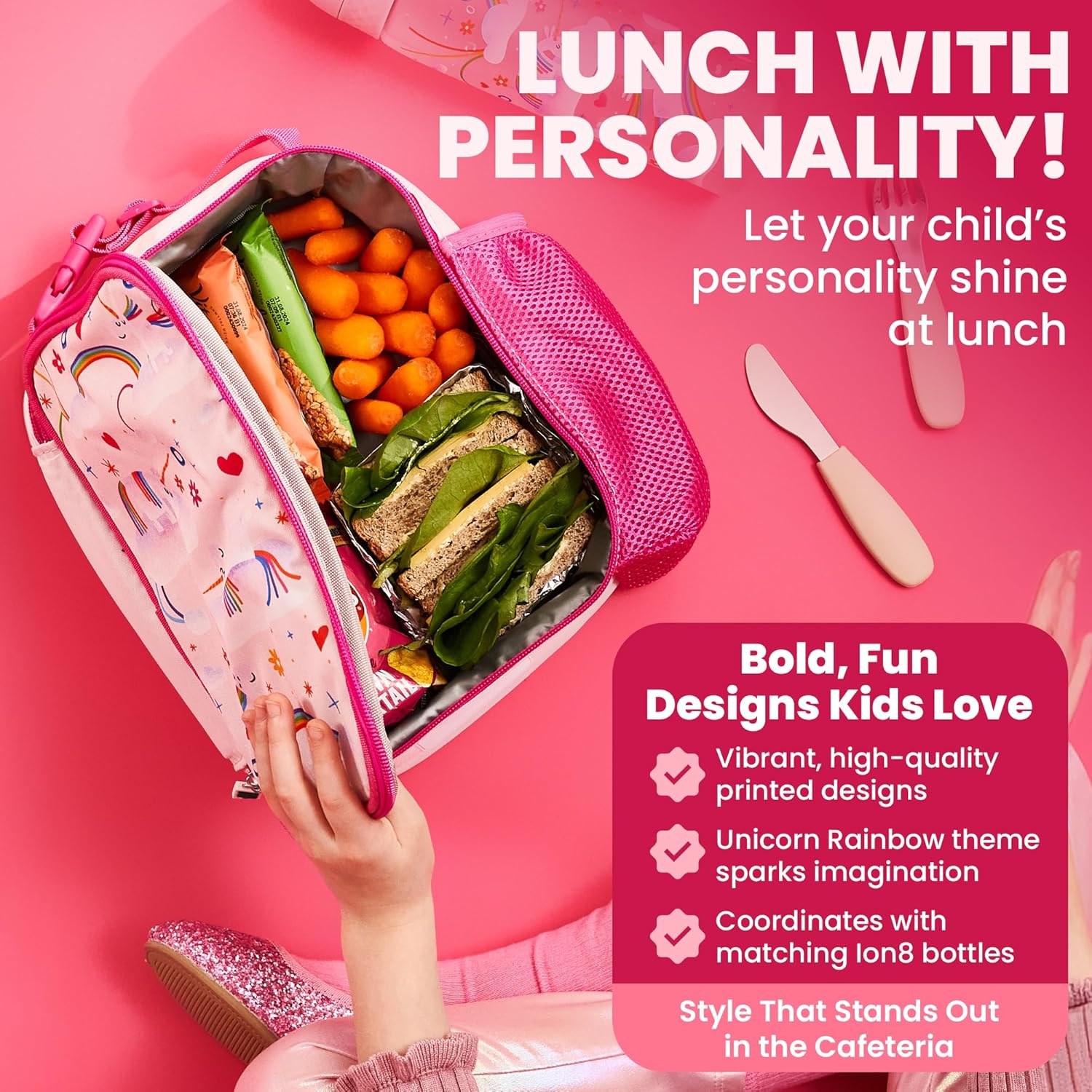 Ion8 Kids Insulated Lunch Bag, Unicorn Rainbows -Reusable, Padded Thermal Lunch Box for School & Travel -Easy to Clean Wipeable Food Safe Lining with Mesh Water Bottle Pocket, Name Patch, Carry Handle