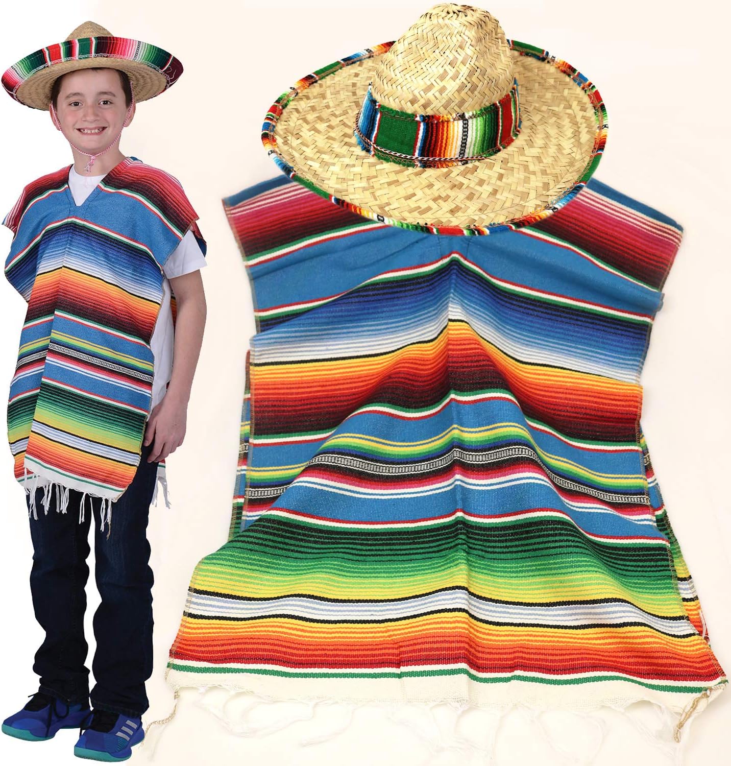 Mexican Party Set - Traditional Serape Poncho, Sombrero with Band for Kids, Cinco de Mayo or Fiesta Theme