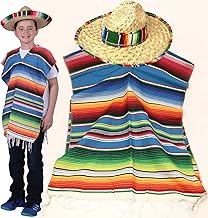 GiftExpress Mexican Party Set - Traditional Serape Poncho, Sombrero with Band for Kids, Cinco de Mayo or Fiesta Theme
