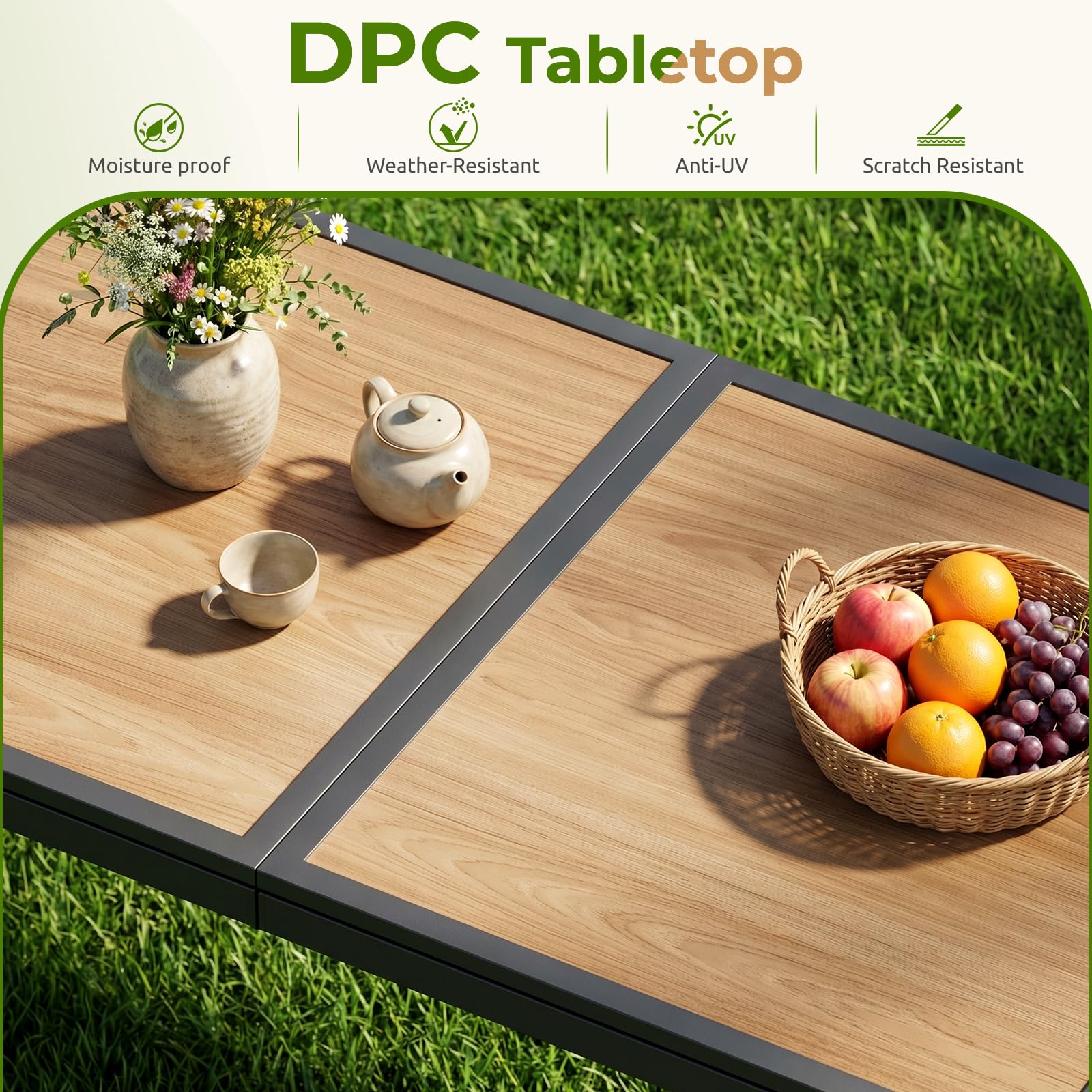 LIFERUN Gartentisch Groß, 150×80×72 cm DPC Balkontisch, Rechteckiger Terrassentisch mit Metallgestell, Rutschfester Esstisch Outdoor für 6 Personen, Anthrazit