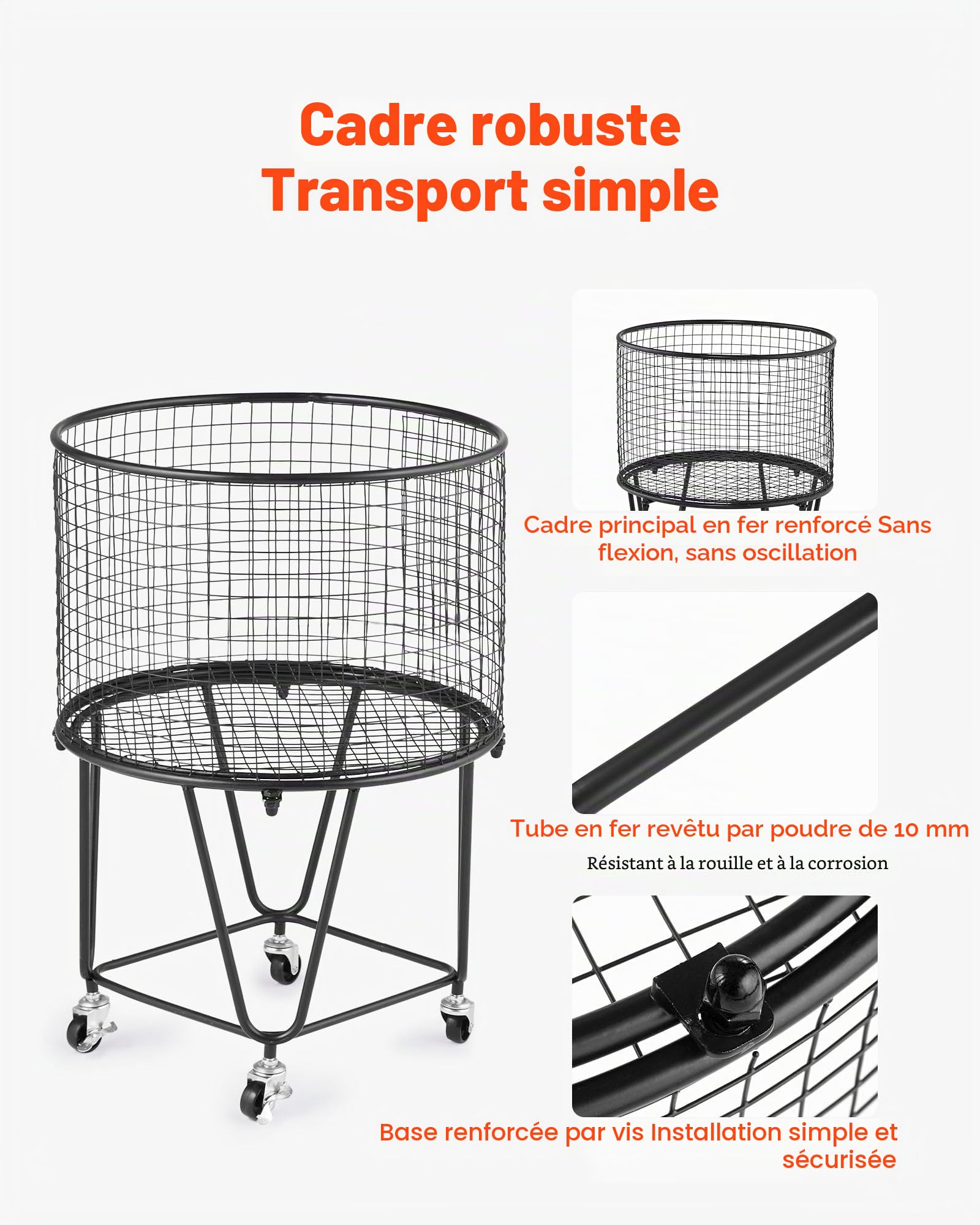 VEVOR Chariot à linge rond et mobile avec roues pivotantes à 360°, panier à linge, charge de 27,2 kg, capacité de 40 L chariot de courses robuste en acier carbone pour camping, épicerie et bagages