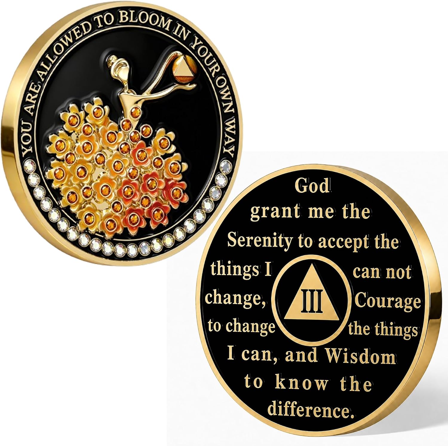 Imasoner 3 Year Sobriety Coin One Day at a Time, Bloom in Your Own Way Recovery Token, 3D Flower Medallion with Rhinestones, AA Inspired Milestone Chip Gift for Alcohol Addiction Recovery Support