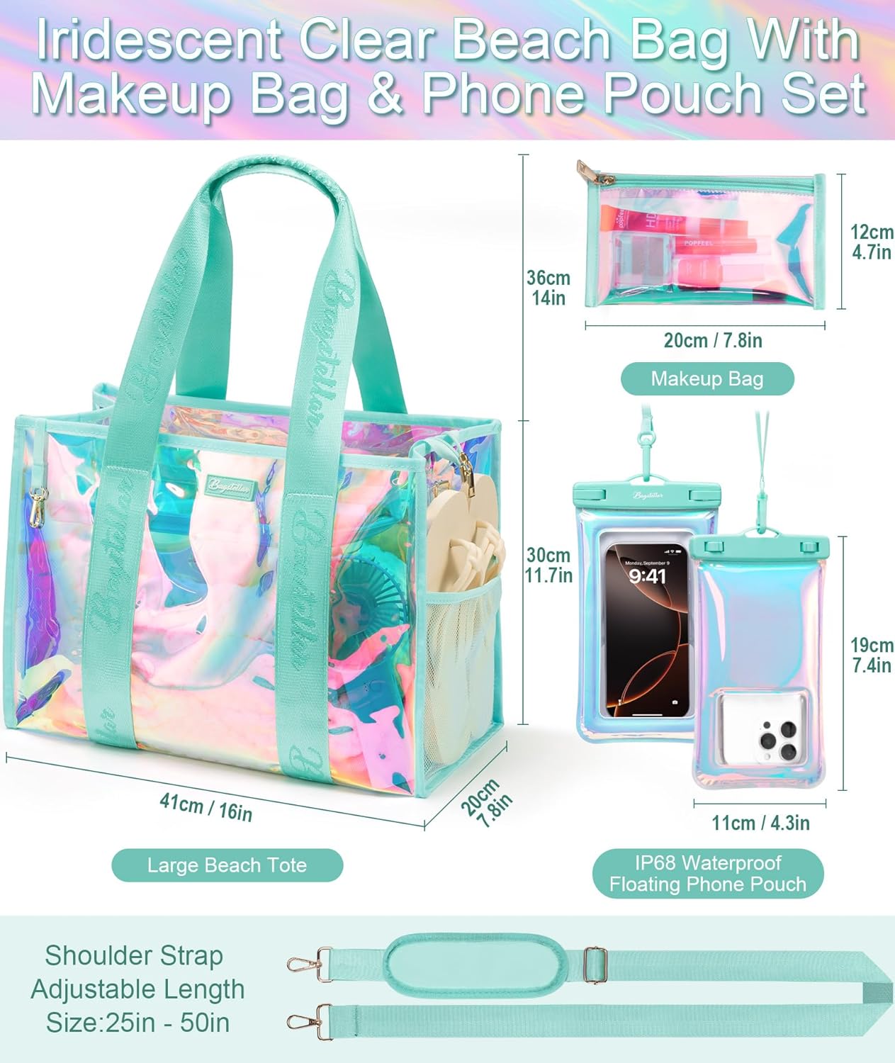 Iridescent Beach Tote Bags for Women, Large Zipper Beach Pool Swim Bag with Makeup Bag & Waterproof Phone Pouch | Waterproof Sandproof, Adjustable Strap, Packable, Foldable, Travel Tote Bags, Vacation Essentials, Gift for Women - Image 4