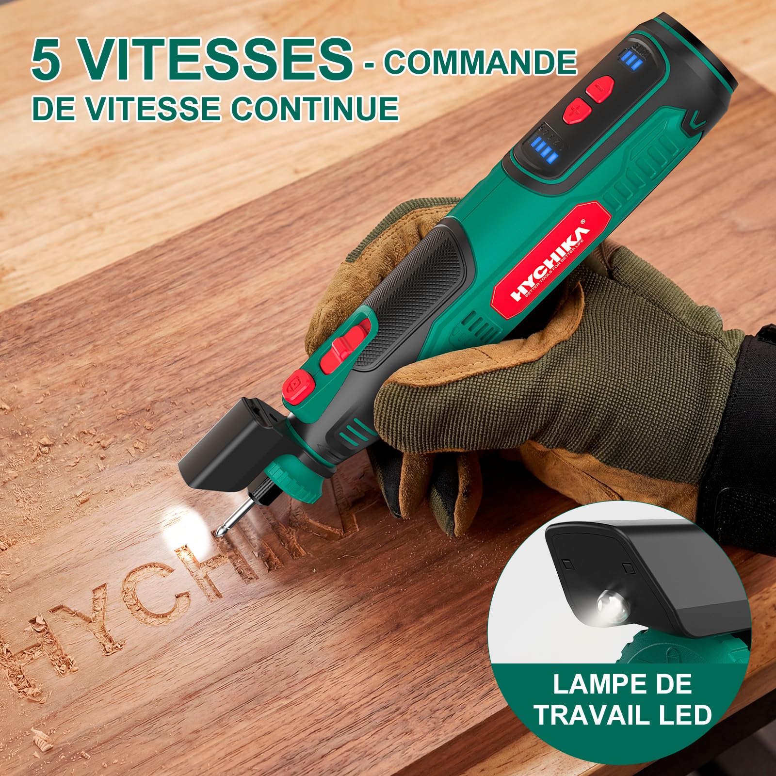 HYCHIKA Outil rotatif sans fil 8V 2,0Ah batterie, 5 vitesses max 30000 tr/min. Kit 145 accessoires avec affûteuse pour tronçonneuse et lampe LED. Pour ponçage, polissage, coupe, perçage, gravure DIY