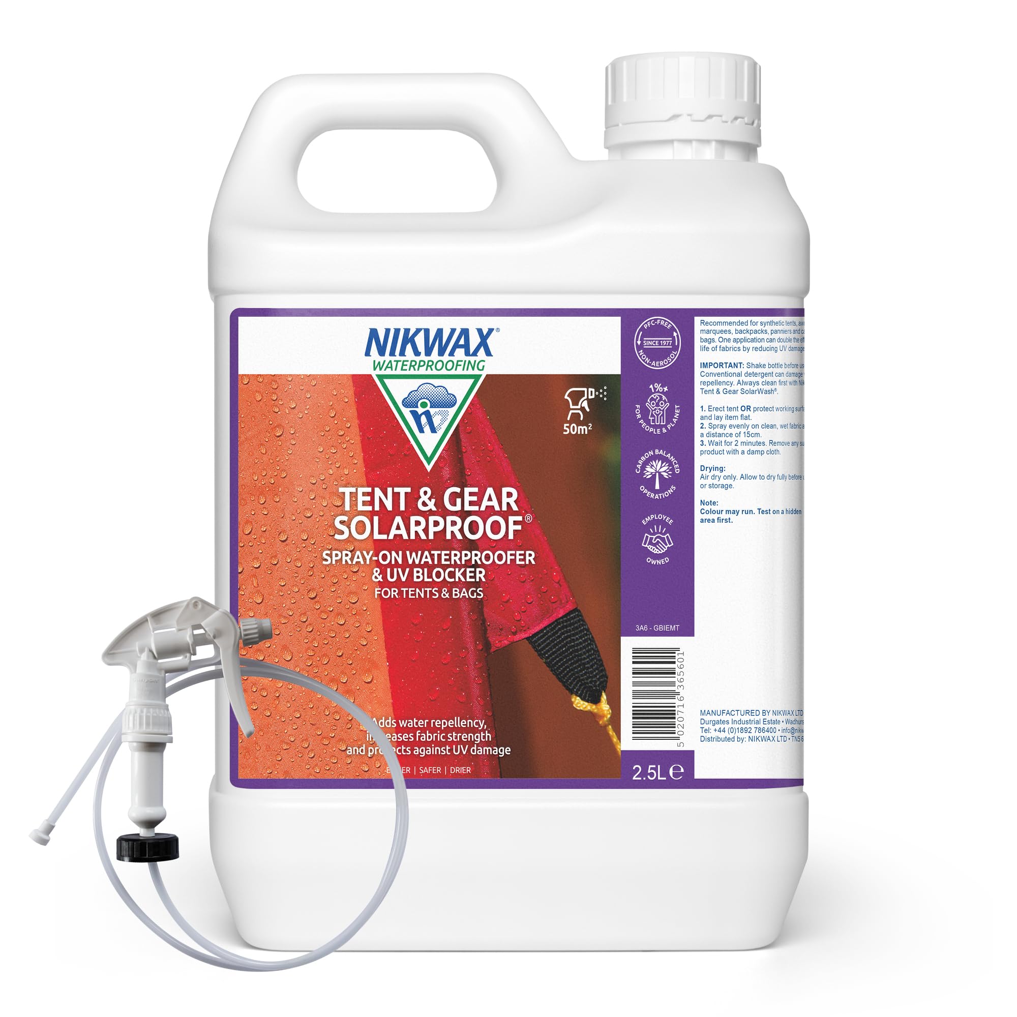 Nikwax TENT & GEAR SOLARPROOF Spray-on Waterproofer 2.5L with Spray-Head Attachment, Tent Waterproofing Spray and UV Blocker for Synthetic Textiles, Adds Water Repellency, Increases Fabric Strength Sports & Outdoors