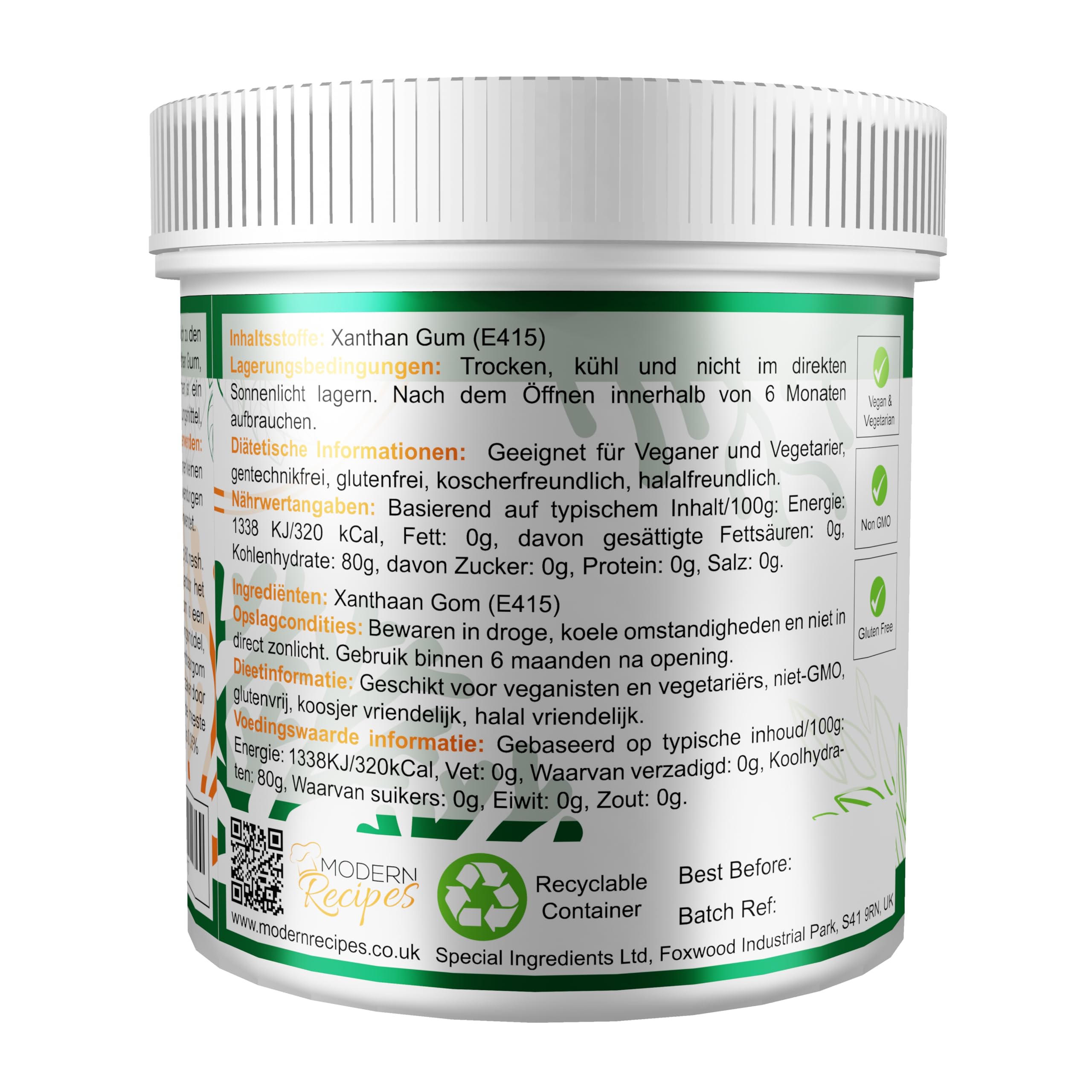 XANTHAN 500g EXTRAFEINE PULVER HÖCHSTER LEBENSMITTEL QUALITÄT - GLUTENFREI, NON GMO (DEUTSCHE ETIKETTEN UND ANLEITUNGEN)