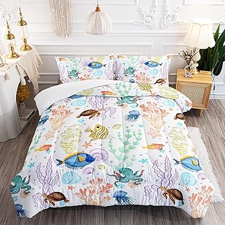 XYNHML Turtle Comforter Set Full Ocean Watercolor Sea Turtle Bedding Set Tropical Fish Marine Life Bed Set with 2 Pillowcases for Kids Room Decor