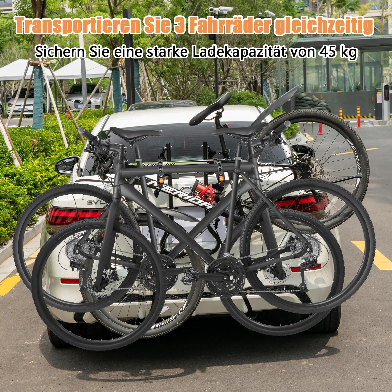 COSTWAY Kofferraum Fahrradträger für 3 Fahrräder, Heckklappenfahrradträger klappbar mit Verstellbarer Länge, Höhe & Winkel, Heckklappenträger bis 45 kg, für Autos, LKWs, SUVs & Minivans
