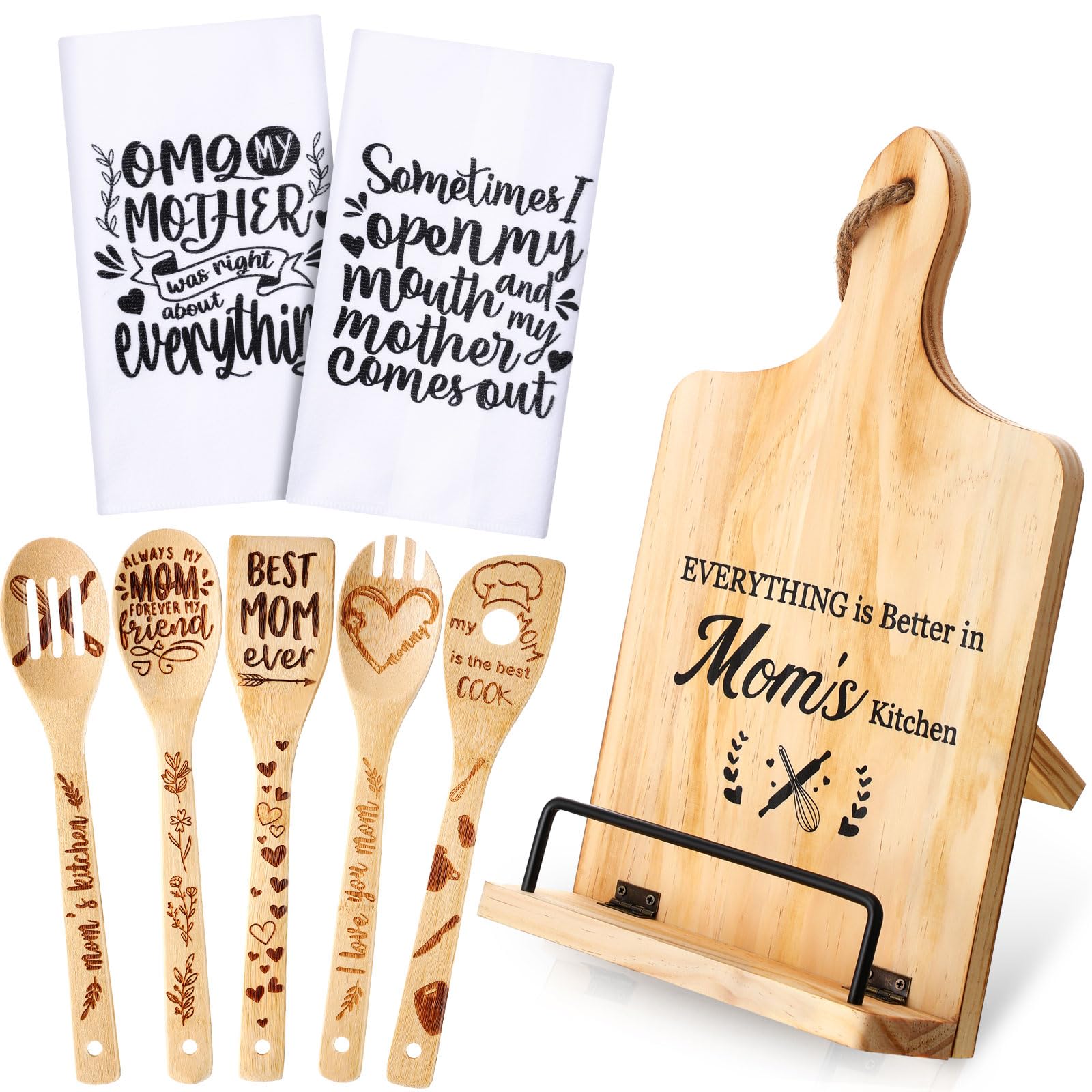 Suttmin 8 Pieces Mother's Day Gifts for Mom Include 1 Cookbook Stand Recipe Holder 5 Wooden Spoons Utensils 2 Kitchen Towels for Mother's Day Birthday Kitchen Gifts