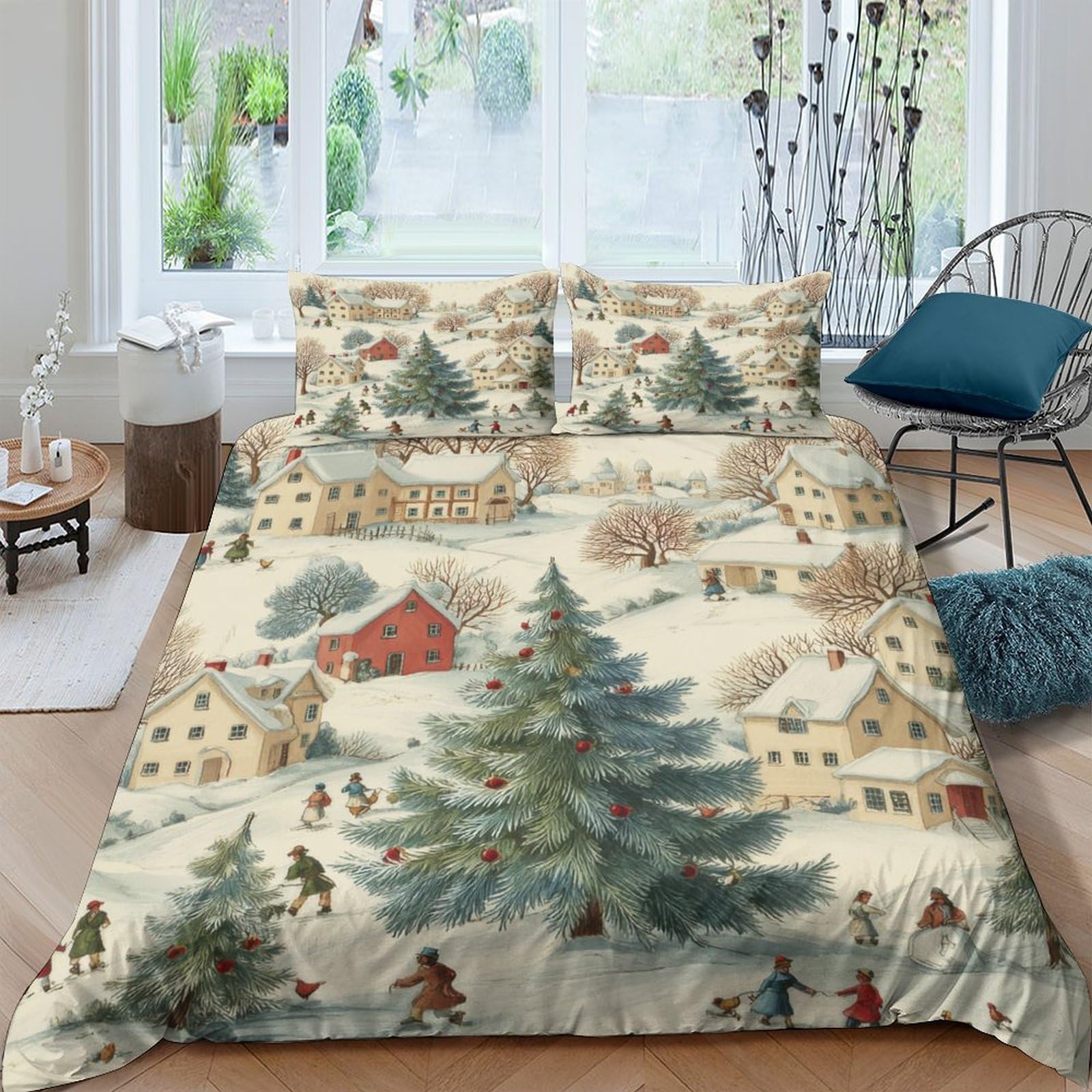Ctjqhvkz Style-5 3D Printed Winter Village Fitted Sheet Microfiber Cozy Christmas Tree Bed Cover For Bedroom Guest Room Decor Protection Single（135X200cm）