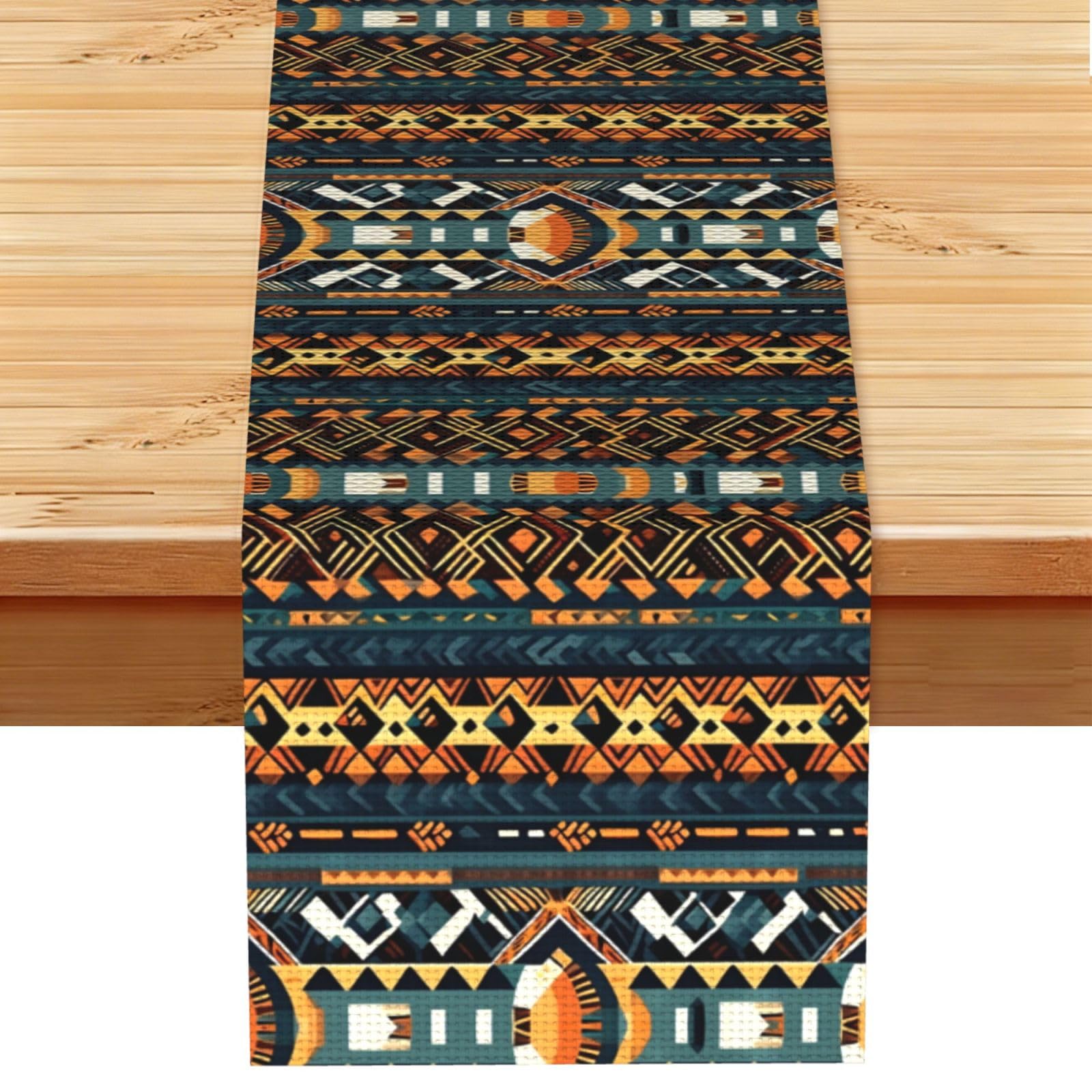 African Tribal Ethnic Texture Linen Look Table Runner 13x72-Wrinkle Resistant Farmhouse Style for Dining Table Decor