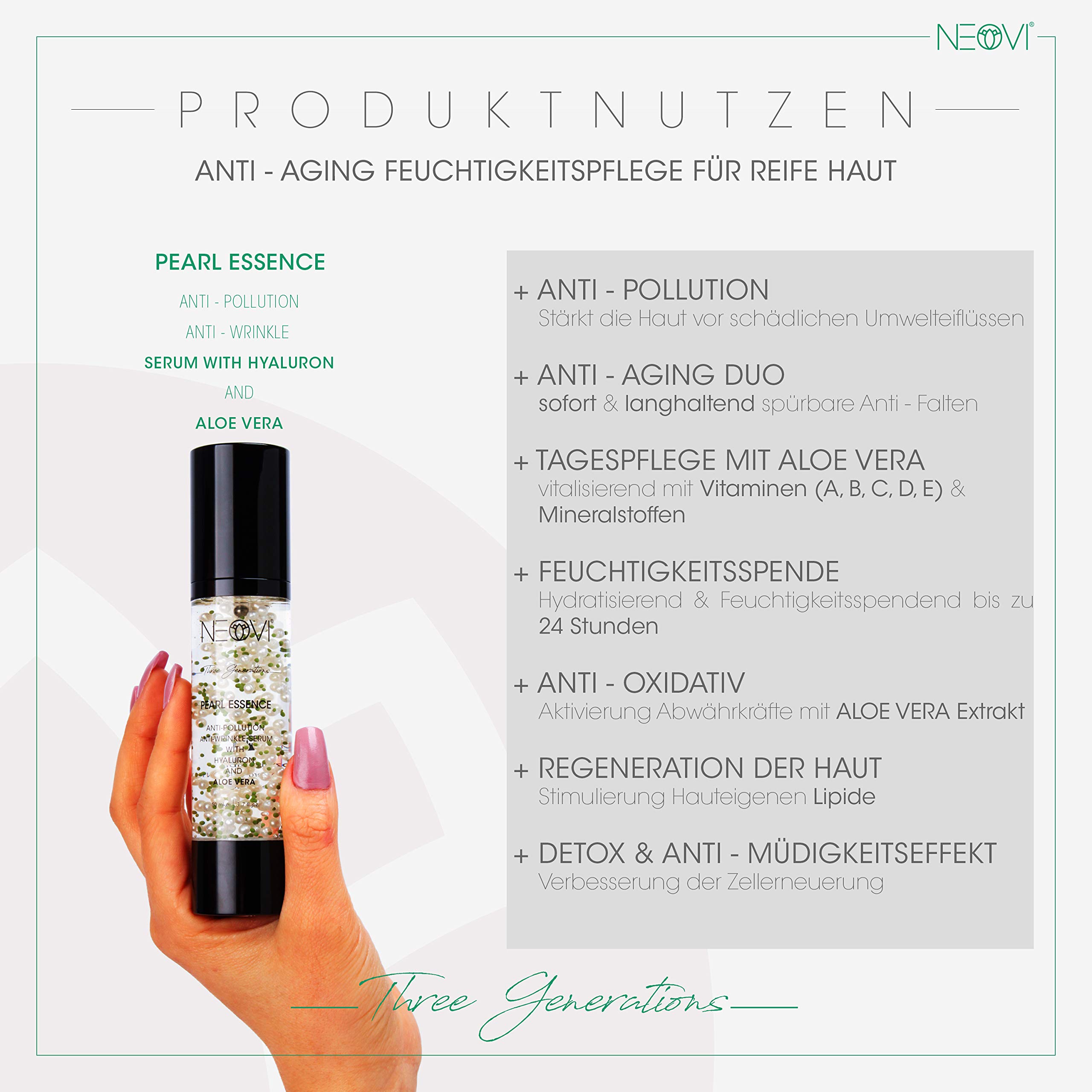 PEARL ESSENCE 50 ml | HYALURON Serum | ALOE VERA | ANTI AGING, ANTI FALTEN & LIFTING Gesichtspflege| Vitamin A B C D E + Mineral Feuchtigkeitscreme+ Hyaluronsäure |Dermatest SEHR GUT