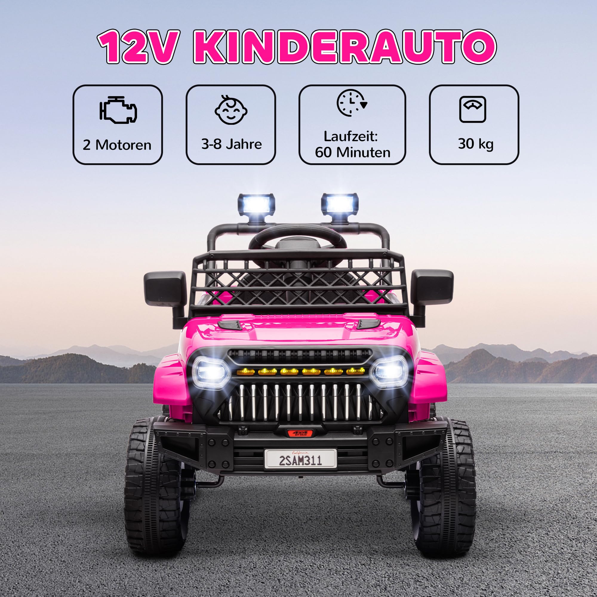 AIYAPLAY Kinder Elektroauto 12V 2,4 GHz Fernbedienung für 3-8 Jahre Rosa | Kinderauto Elektrisch, Hupe, LED Kinderfahrzeug, Musik, USB-Anschluss, Sanftstart, 4 Gefederten Rädern, Bis 5km/h
