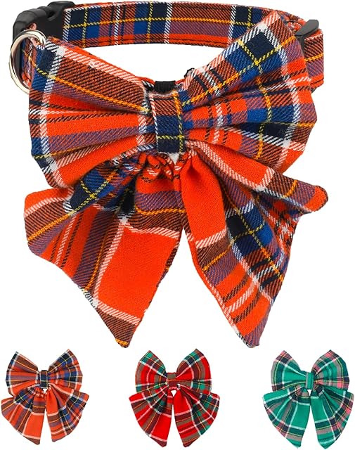 Dog Collar Bow Tie, Funow Plaid Dog Bowtie Collar Unique Buckle Soft Comfortable, Adjustable comfy Bowtie,Durable Cotton Best Gift Cute Bowtie Detachable for Small Medium Large Dogs Cats Pets S Orange